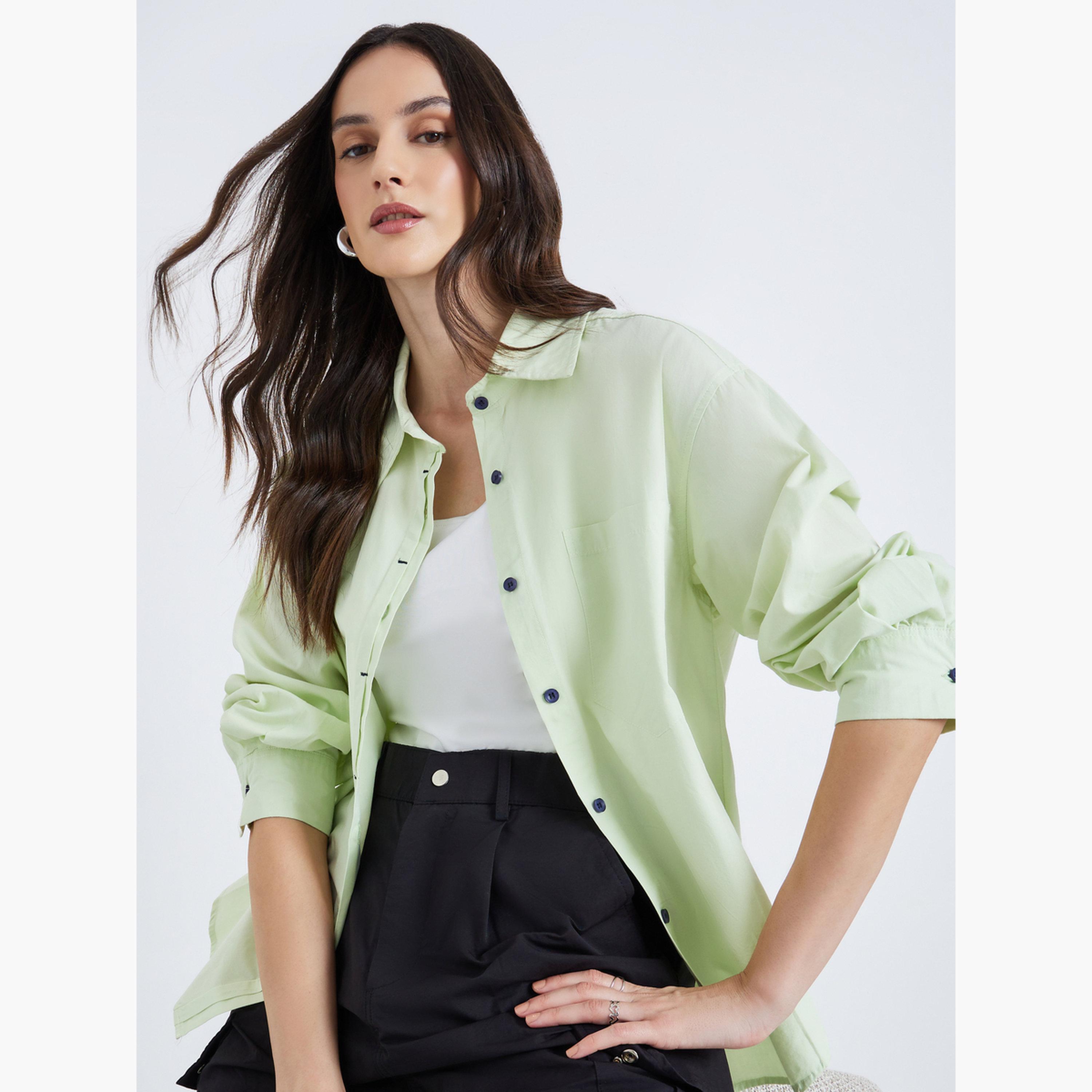 Styli Women Green Solid Oversized Shirt-women-clothing-shirtsandblouses-shirts-image-3