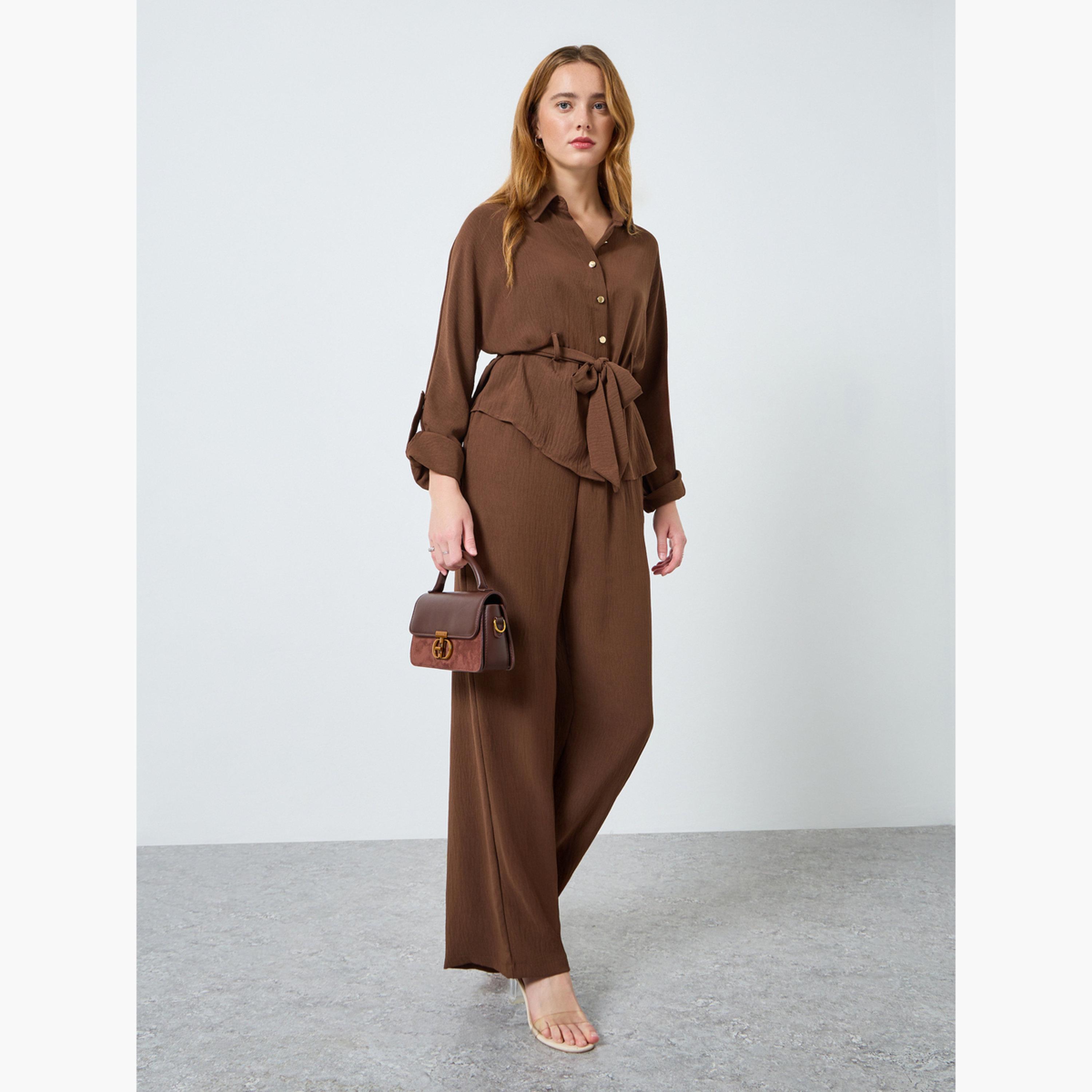 طقم قميص بأكمام قابلة للطي وحزام مع بنطال للنساء-women-clothing-coordsets-image-1