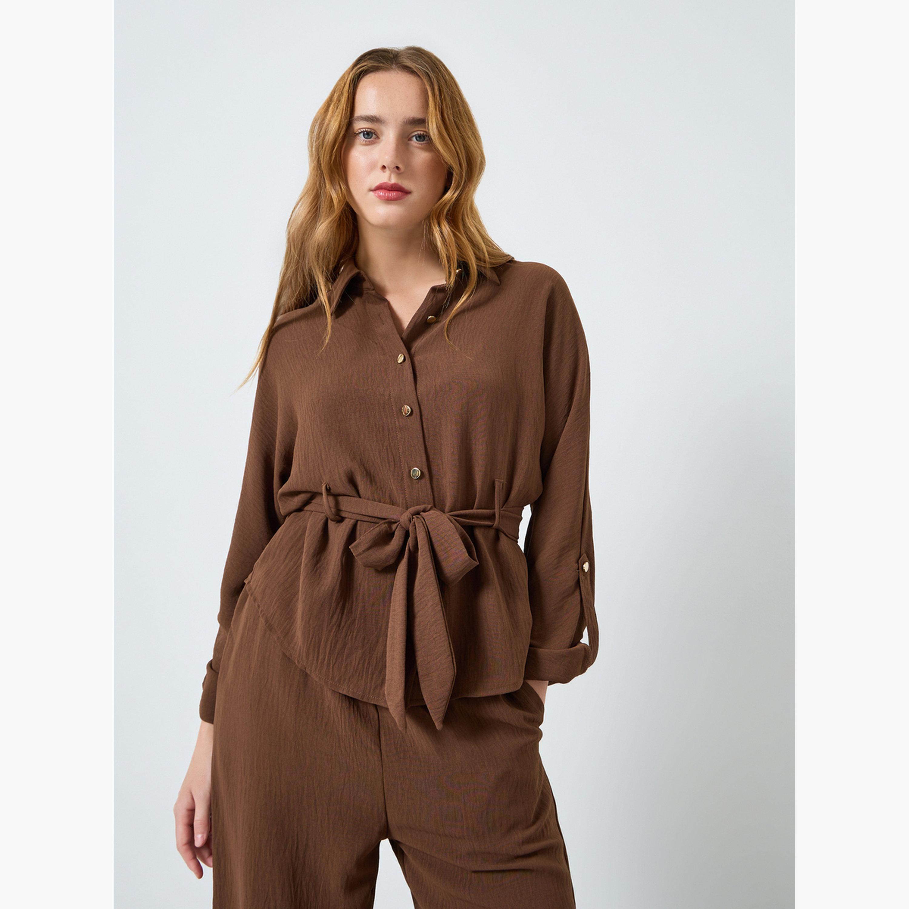 Take Two Women Belted Roll-Up Sleeve Shirt and Pants Co-Ords-women-clothing-coordsets-image-3