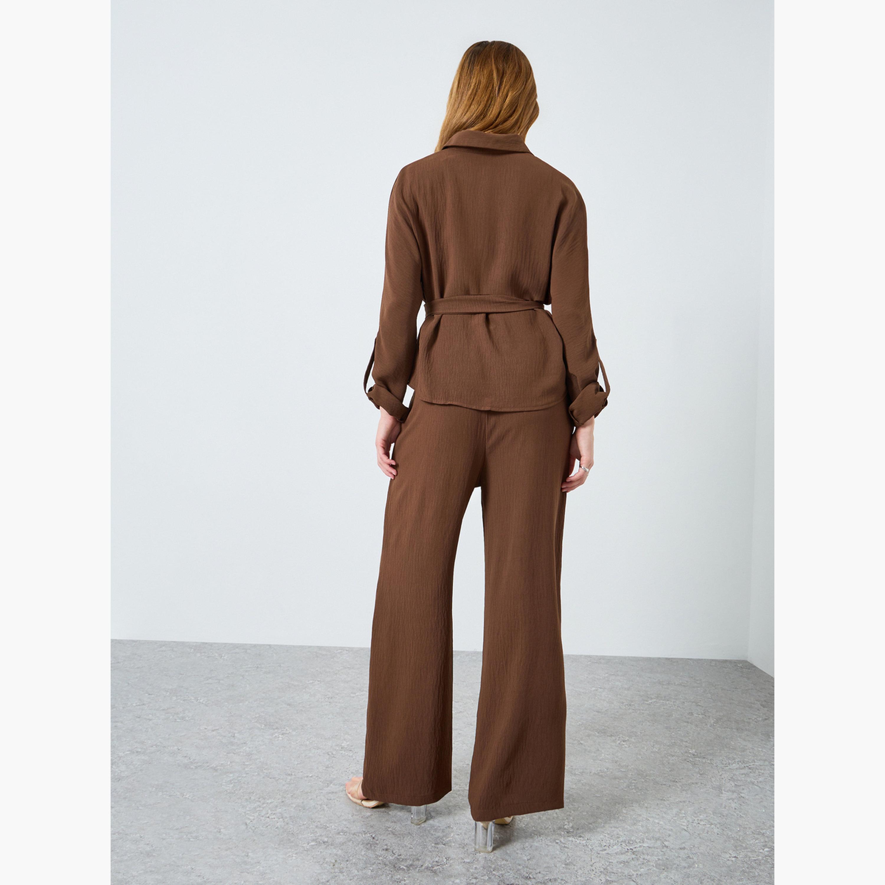 Take Two Women Belted Roll-Up Sleeve Shirt and Pants Co-Ords-women-clothing-coordsets-image-4
