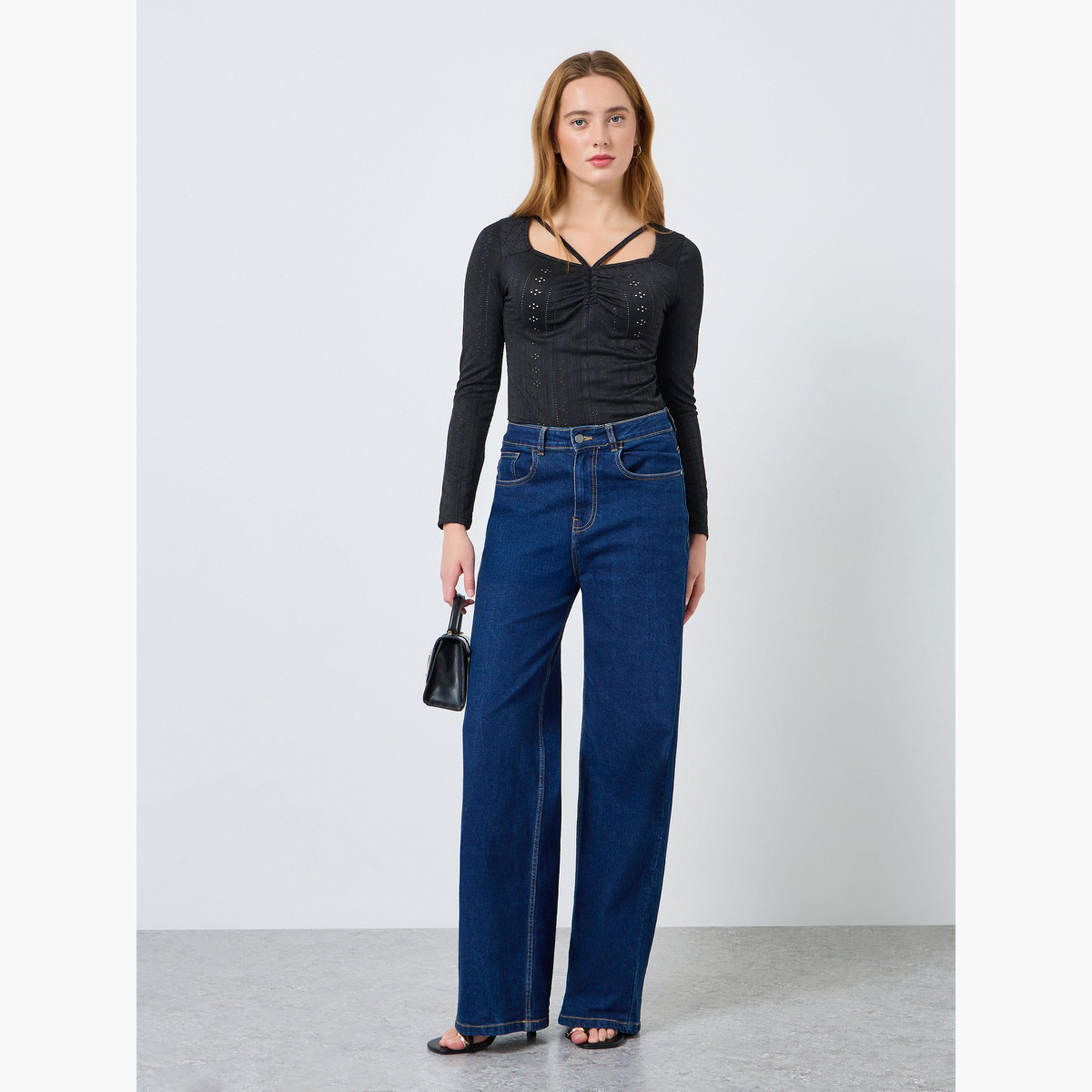 بلوزة دانتيل مفرغة بياقة مربعة سادة-women-clothing-shirtsandblouses-blouses-image-2