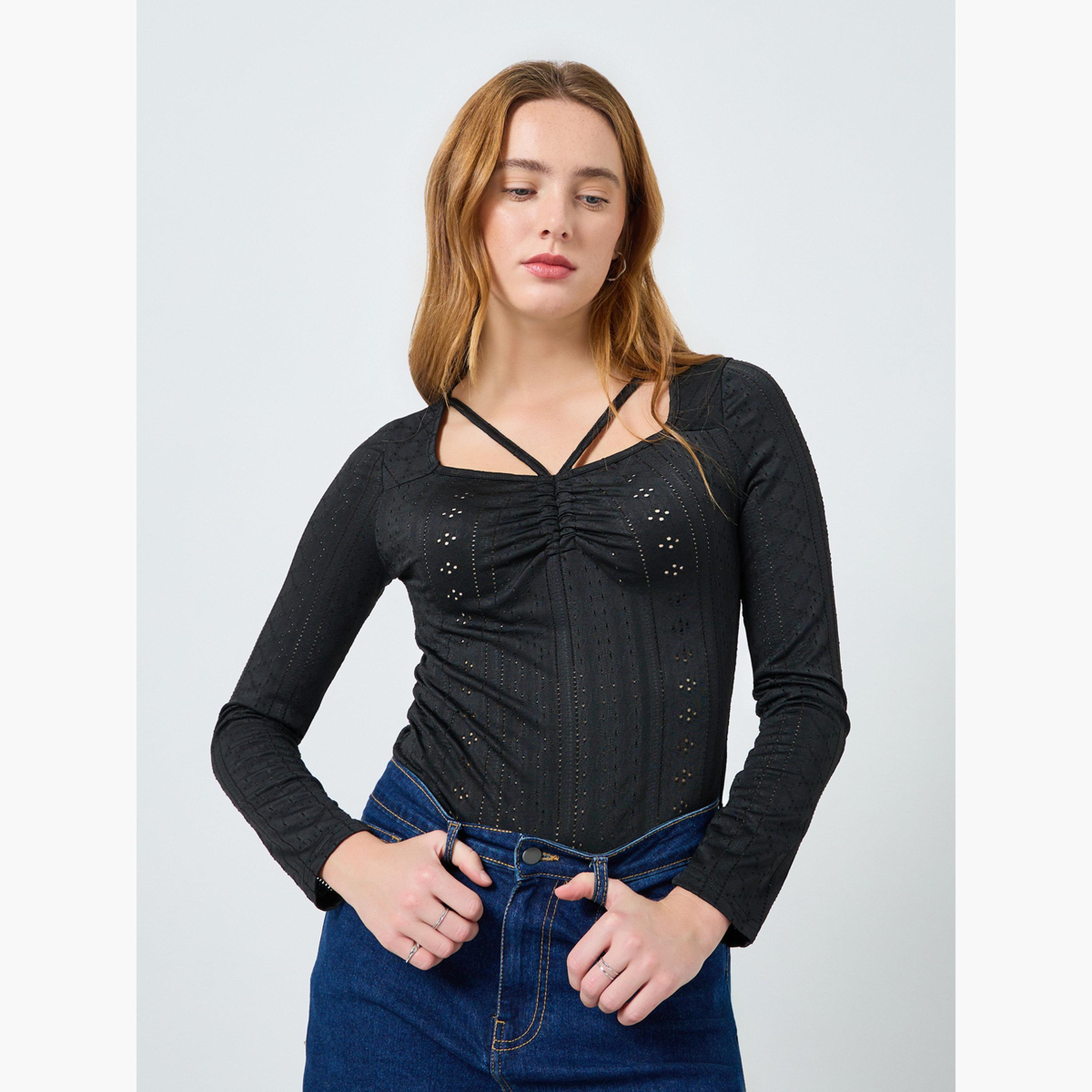 بلوزة دانتيل مفرغة بياقة مربعة سادة-women-clothing-shirtsandblouses-blouses-image-3