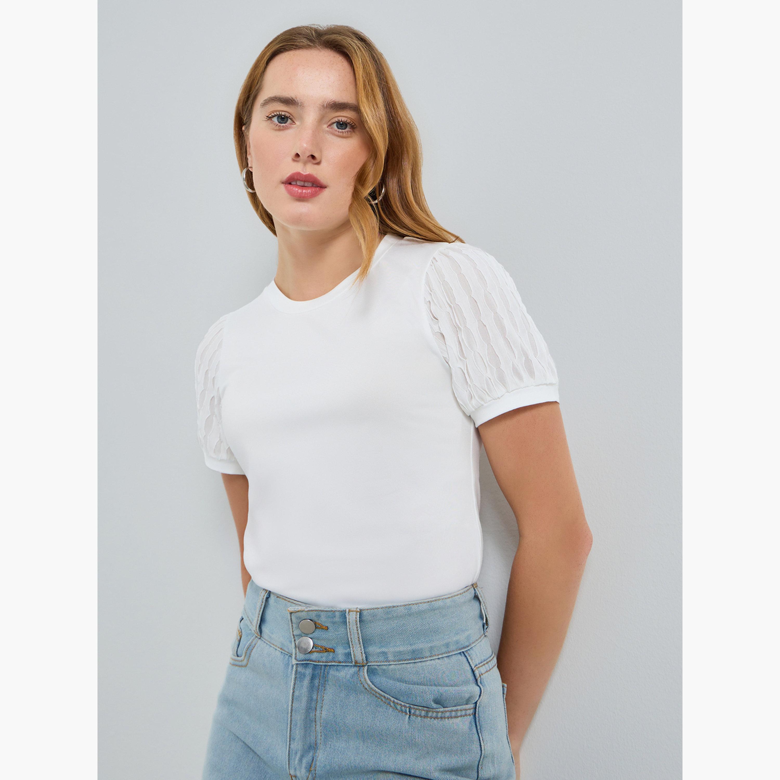 بلوزة سادة بأكمام منفوخة وتفاصيل دانتيل-women-clothing-shirtsandblouses-blouses-image-3