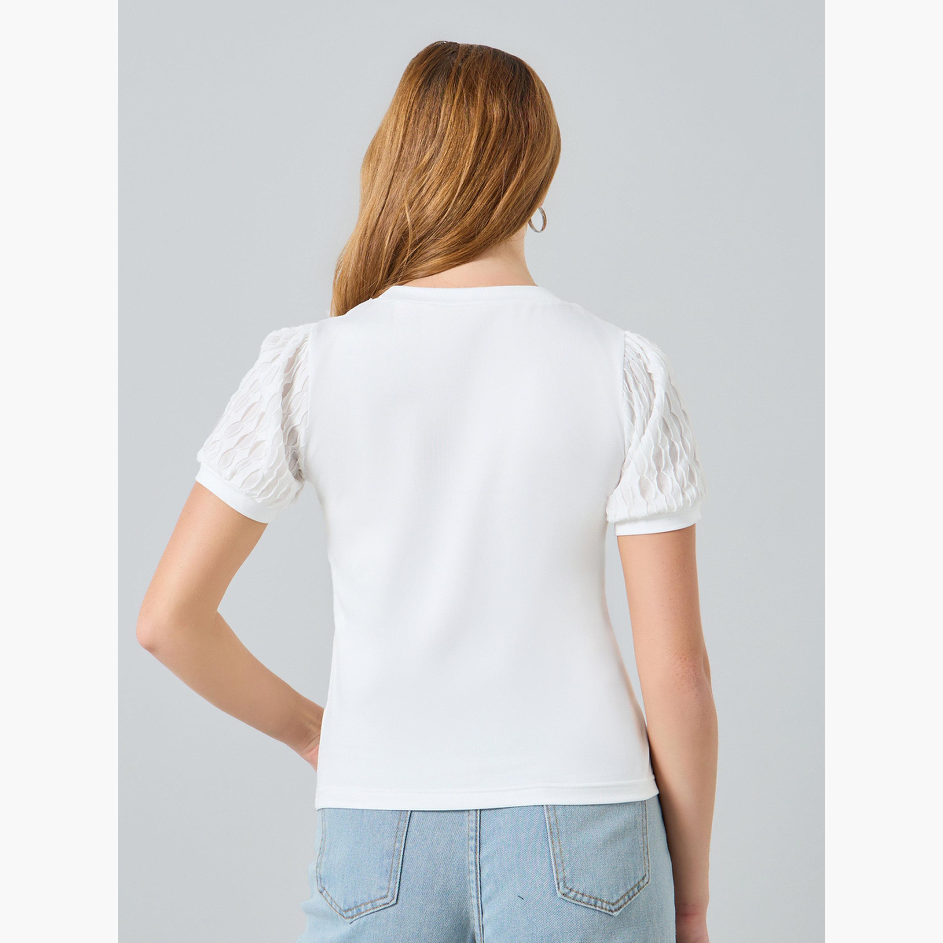 بلوزة سادة بأكمام منفوخة وتفاصيل دانتيل-women-clothing-shirtsandblouses-blouses-image-5