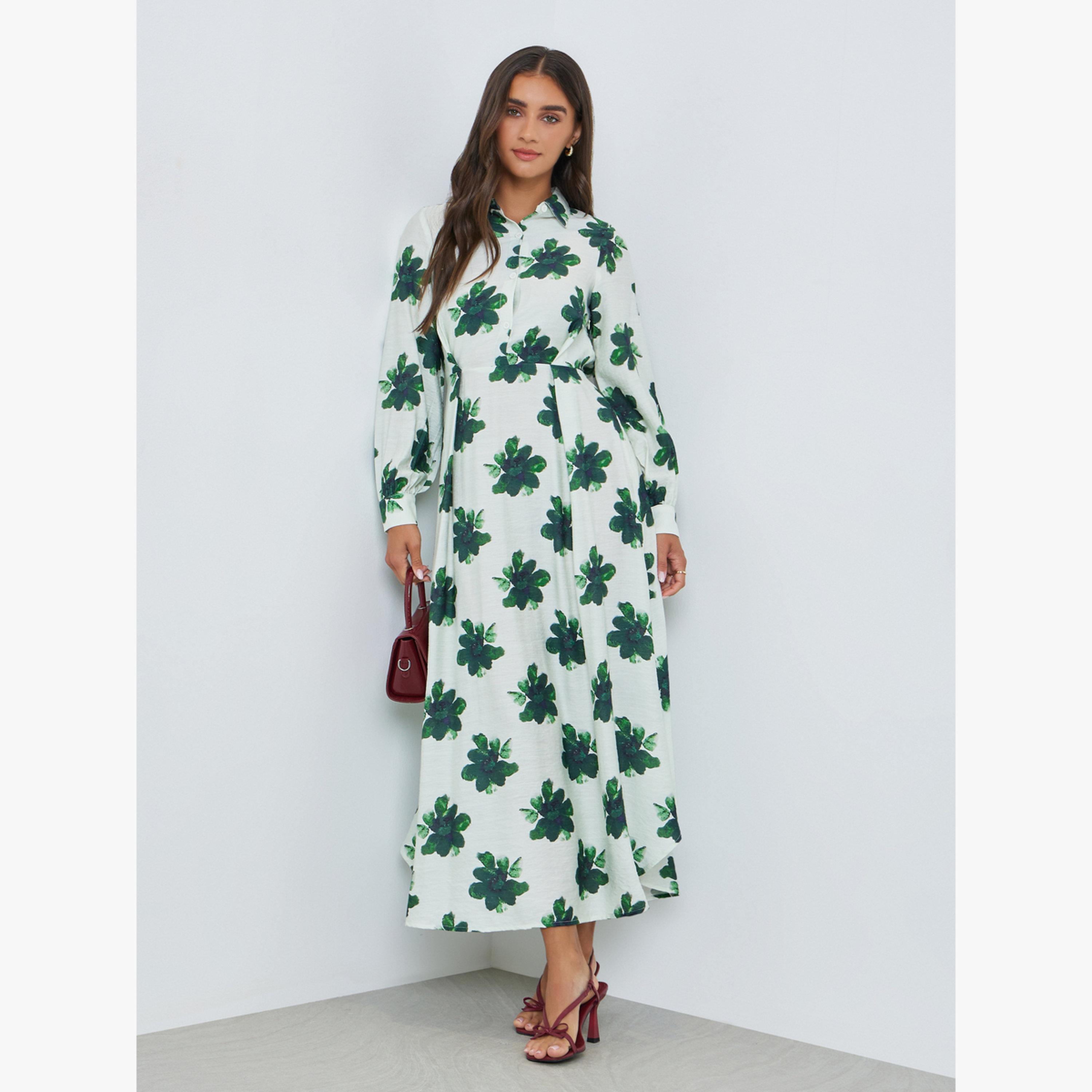 Styli Green Floral Cuffed Sleeves Shirt Maxi Dress-women-clothing-dresses-image-1