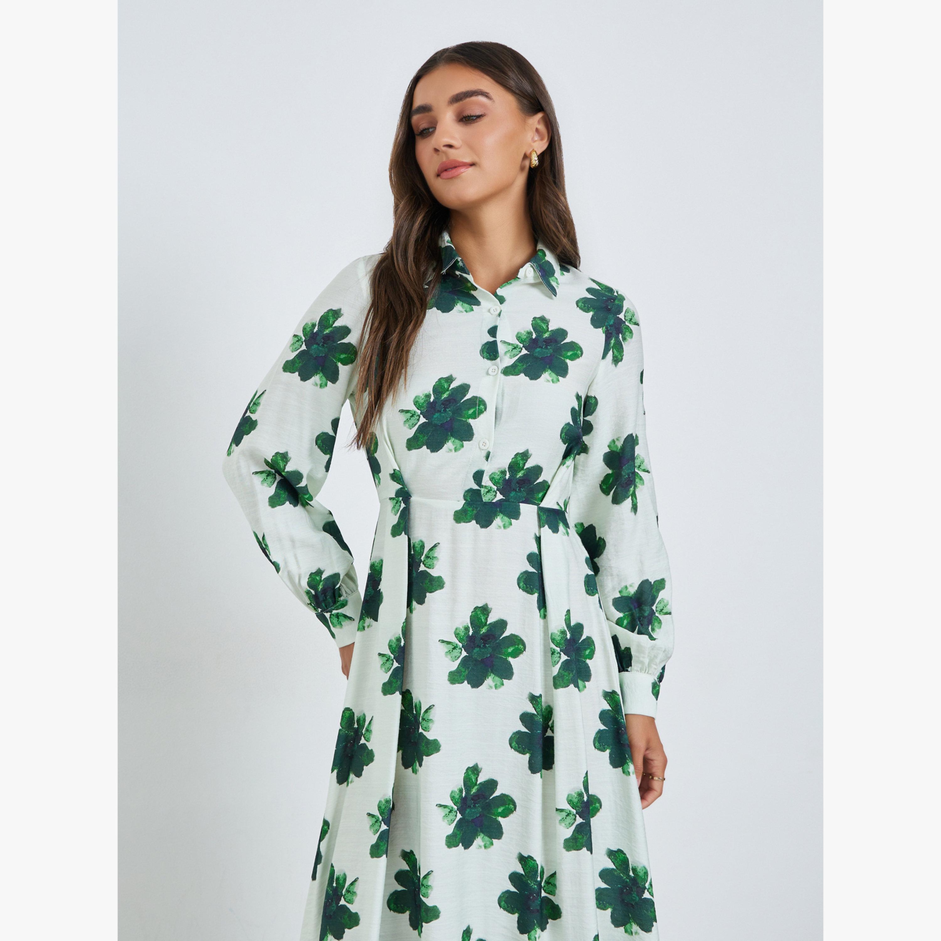 فستان قميص طويل بأكمام بأساور وطبعة أزهار-women-clothing-dresses-image-2