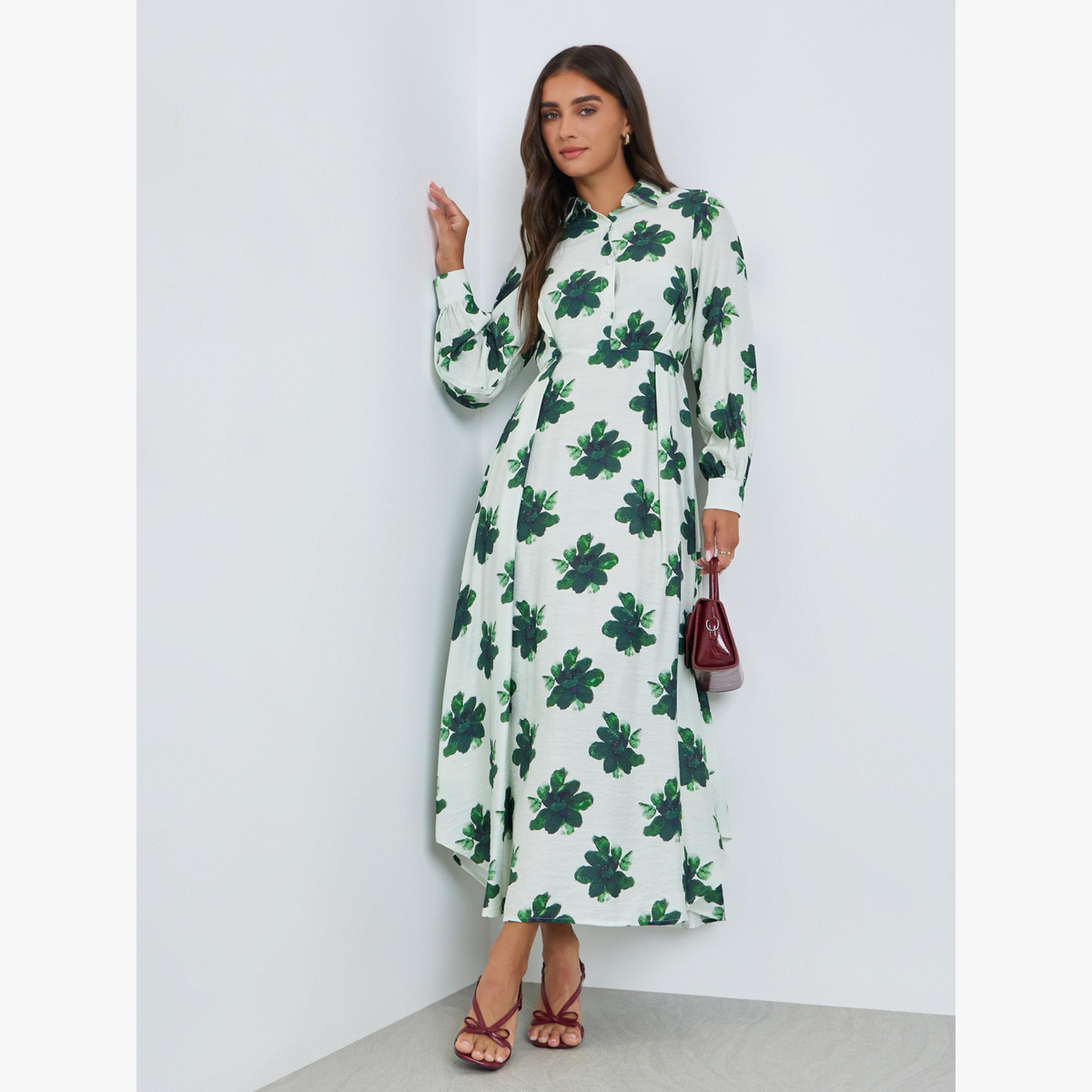 فستان قميص طويل بأكمام بأساور وطبعة أزهار-women-clothing-dresses-image-3