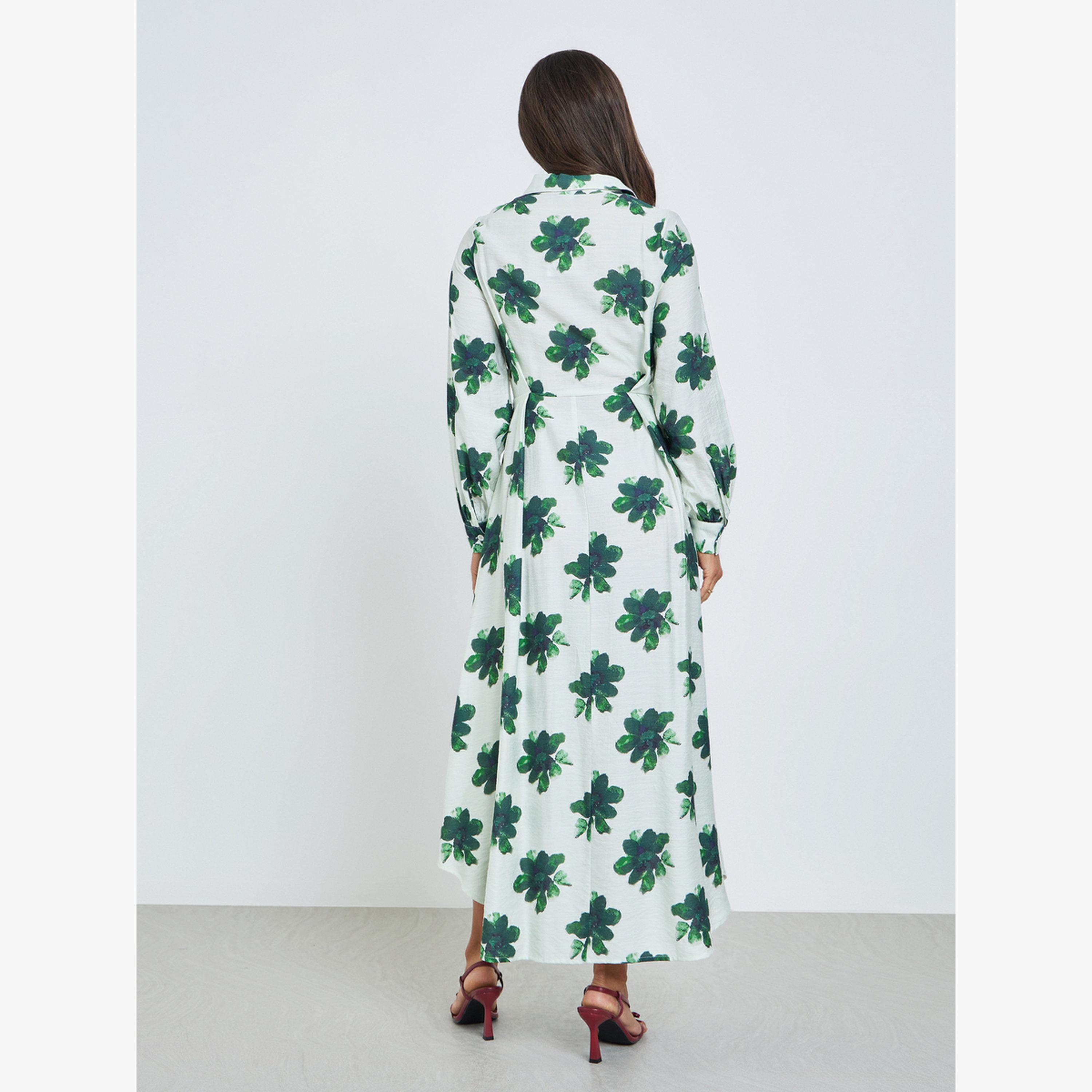 Styli Green Floral Cuffed Sleeves Shirt Maxi Dress-women-clothing-dresses-image-4