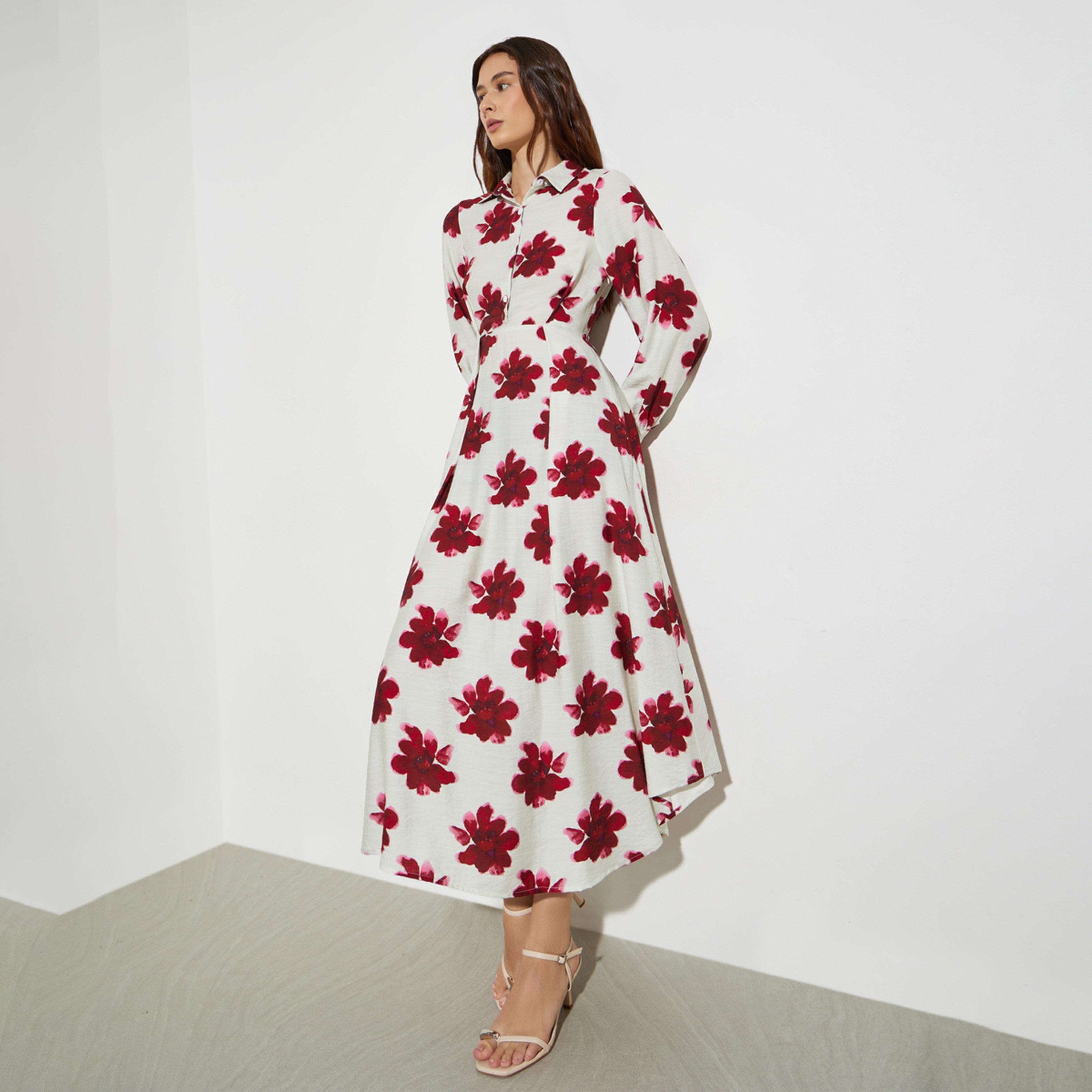 فستان ميدي بنمط قميص مطبع بزهور مع أكمام طويلة-women-clothing-dresses-image-1