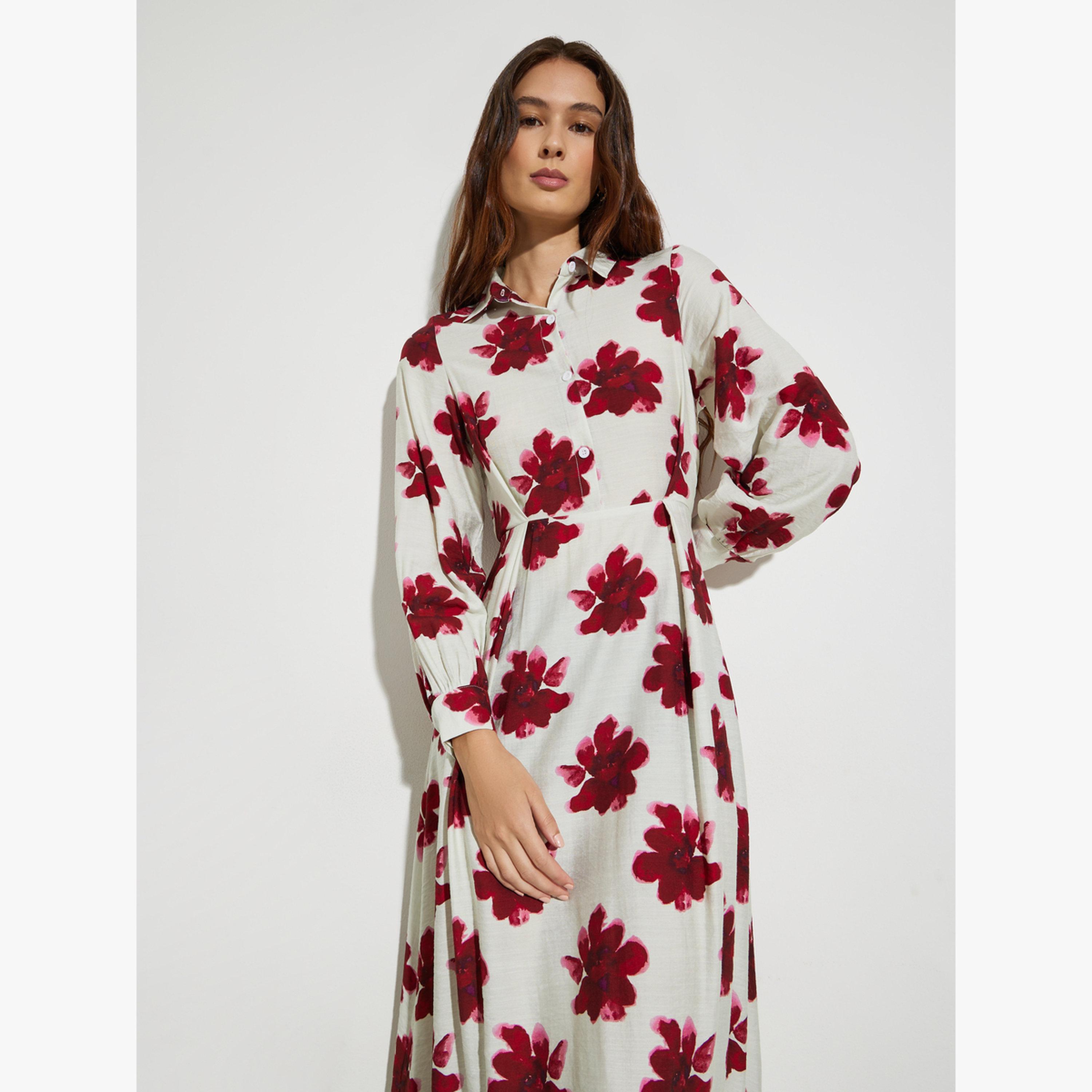 Styli Red Floral Print Long Sleeves Shirt Midi Dress-women-clothing-dresses-image-2