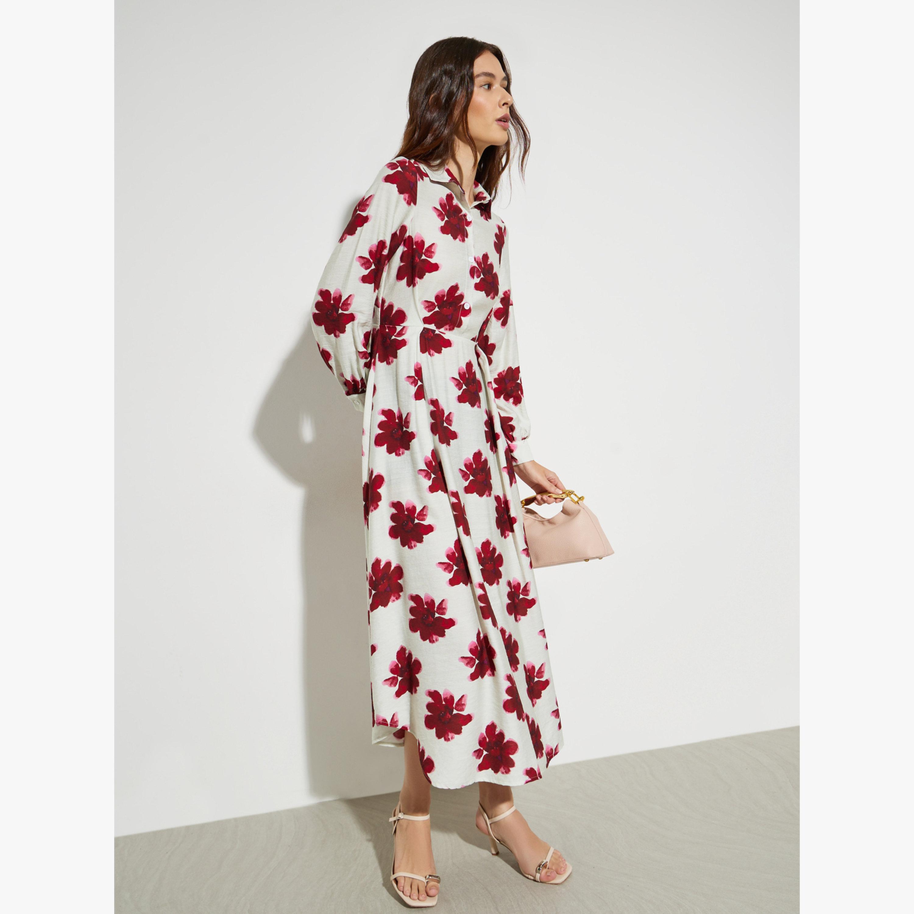 Styli Red Floral Print Long Sleeves Shirt Midi Dress-women-clothing-dresses-image-3