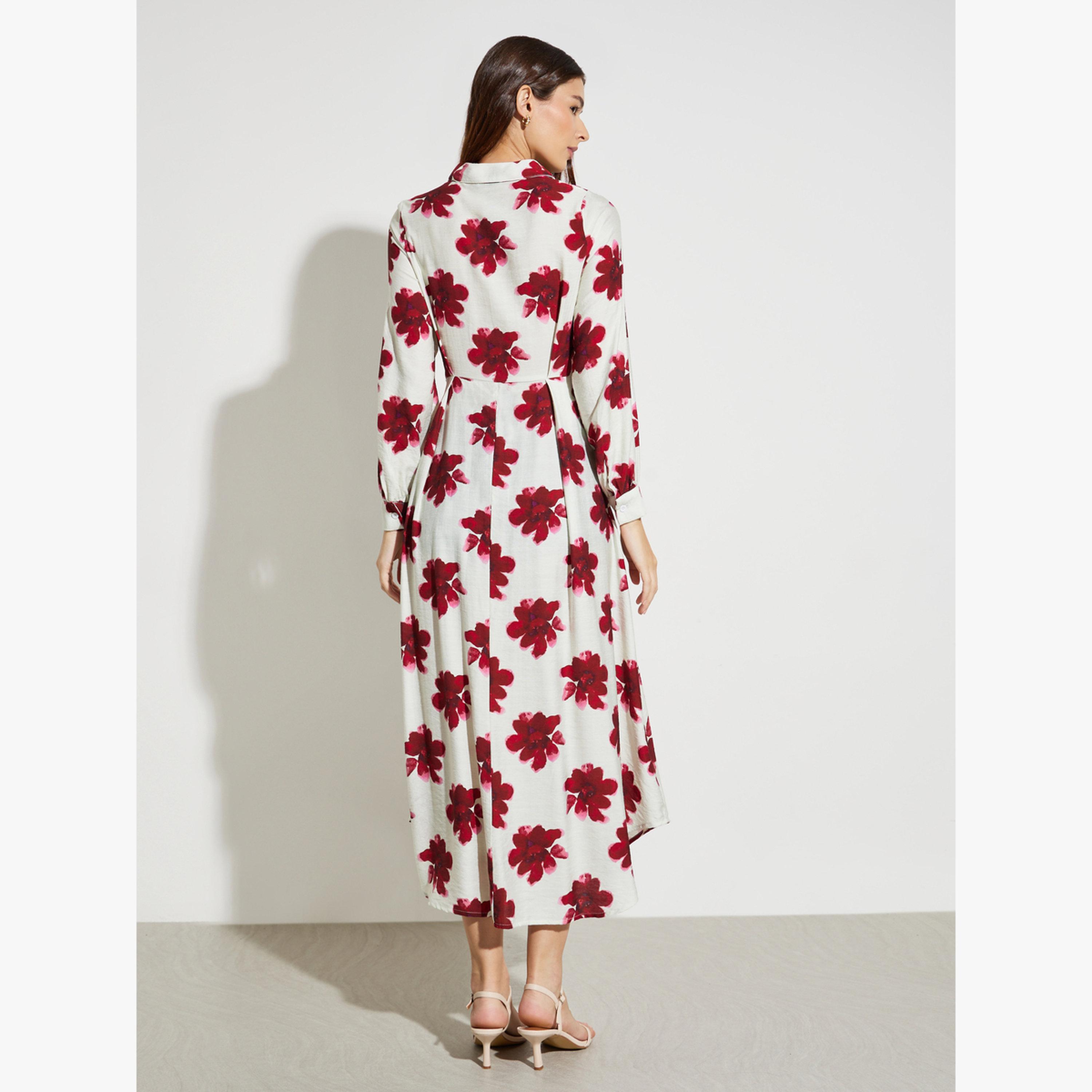 Styli Red Floral Print Long Sleeves Shirt Midi Dress-women-clothing-dresses-image-4