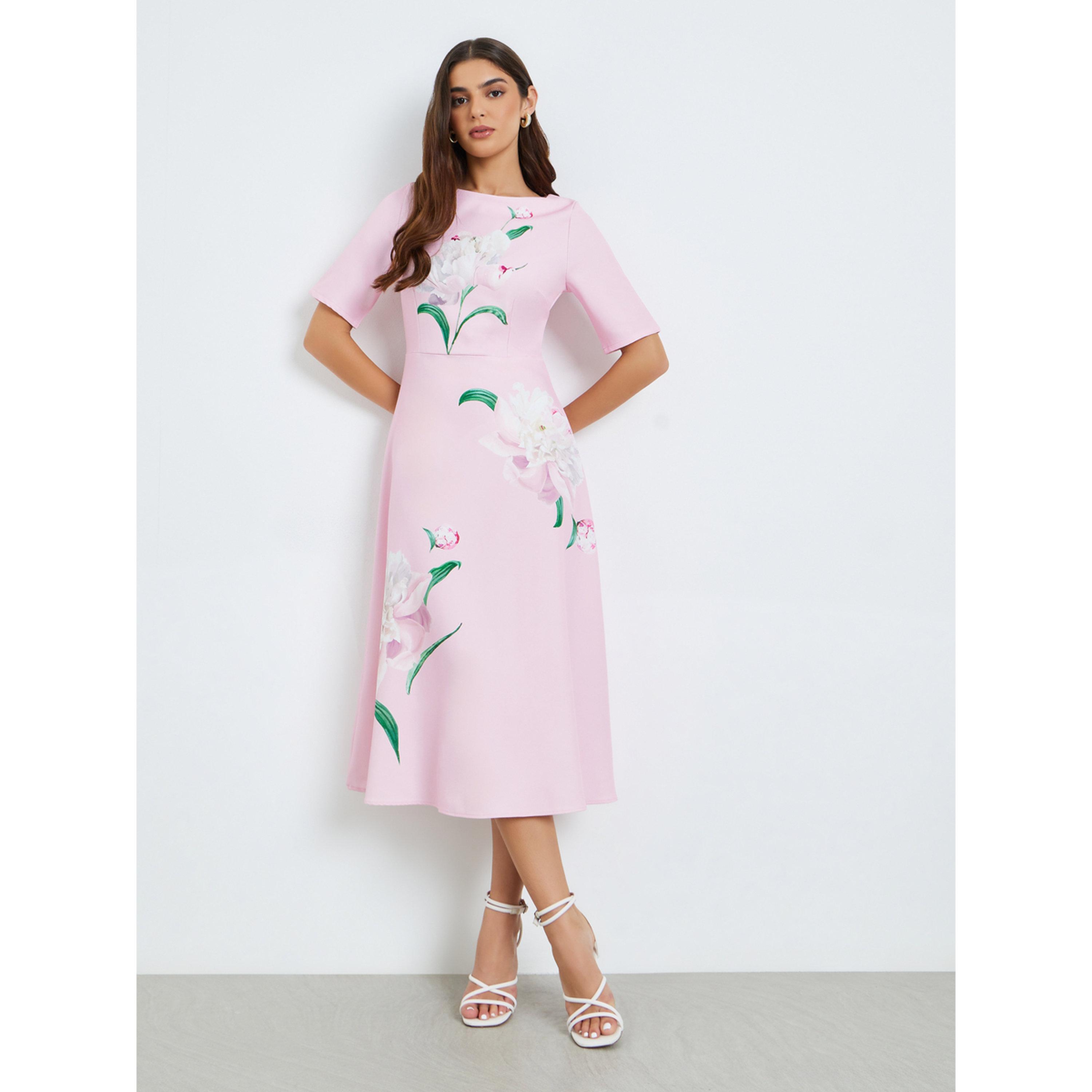 Styli Women Pink Floral Print A-Line Midi Dress-women-clothing-dresses-image-1