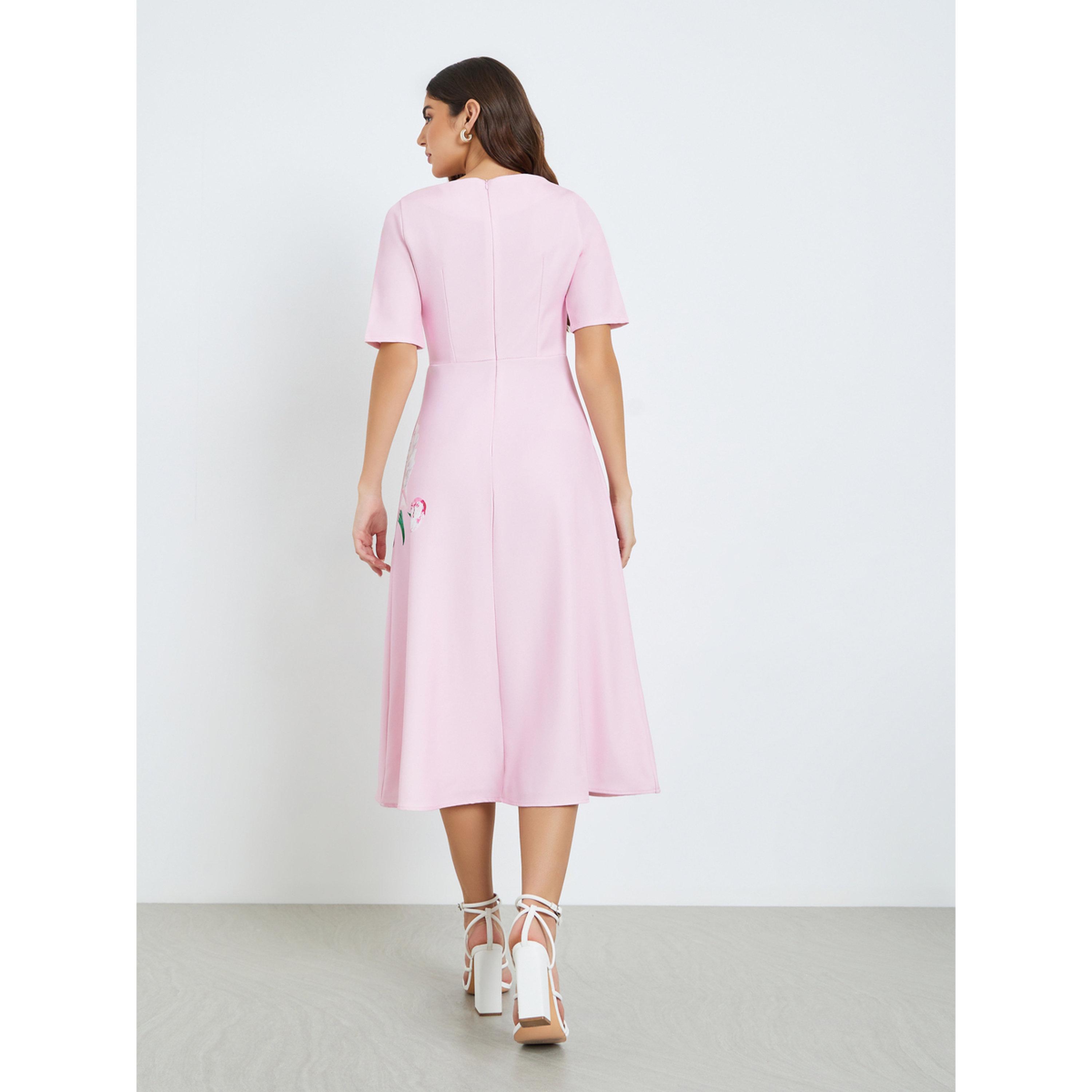 Styli Women Pink Floral Print A-Line Midi Dress-women-clothing-dresses-image-4