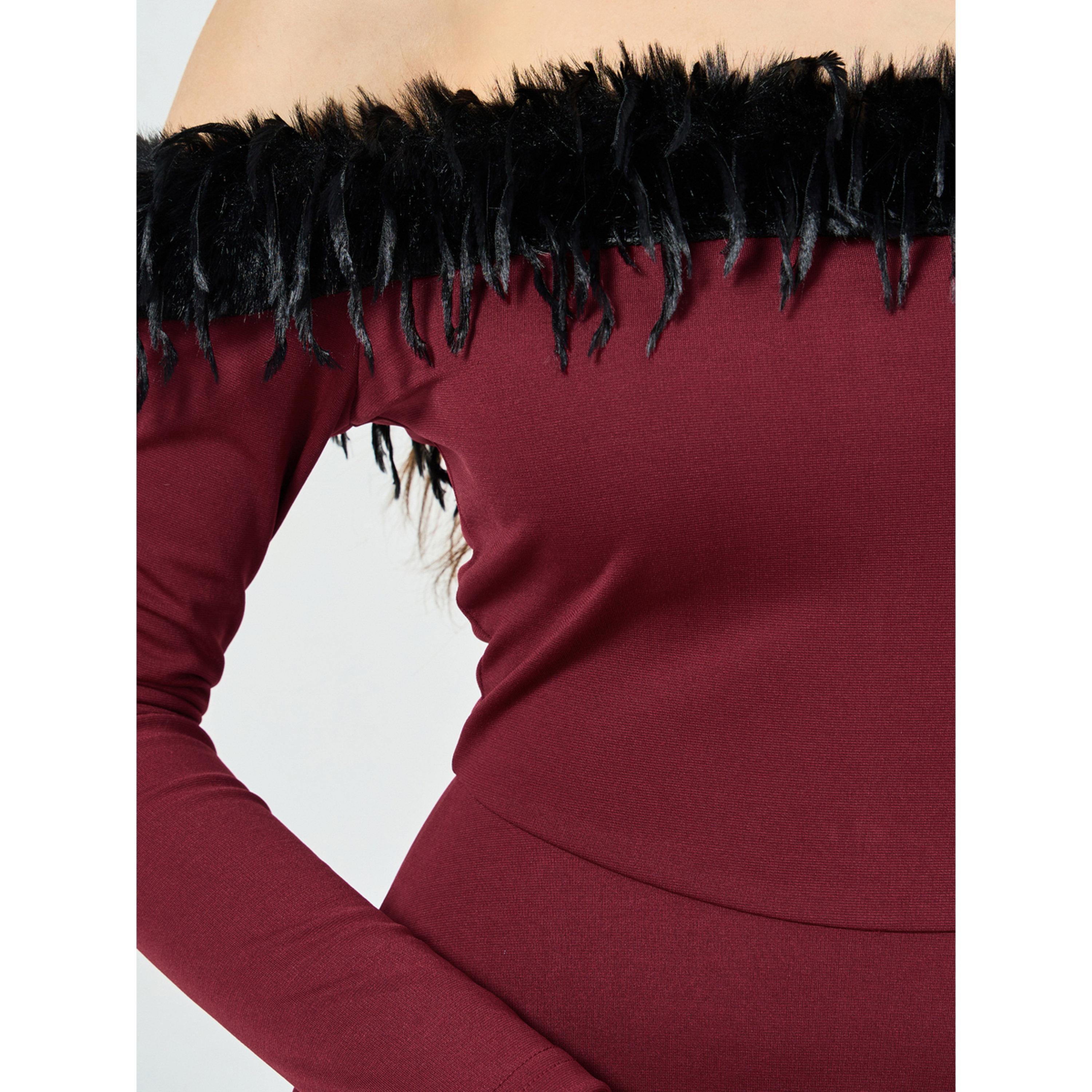 فستان سهرة طويل بأكتاف مكشوفة مع فرو صناعي-women-clothing-dresses-image-5