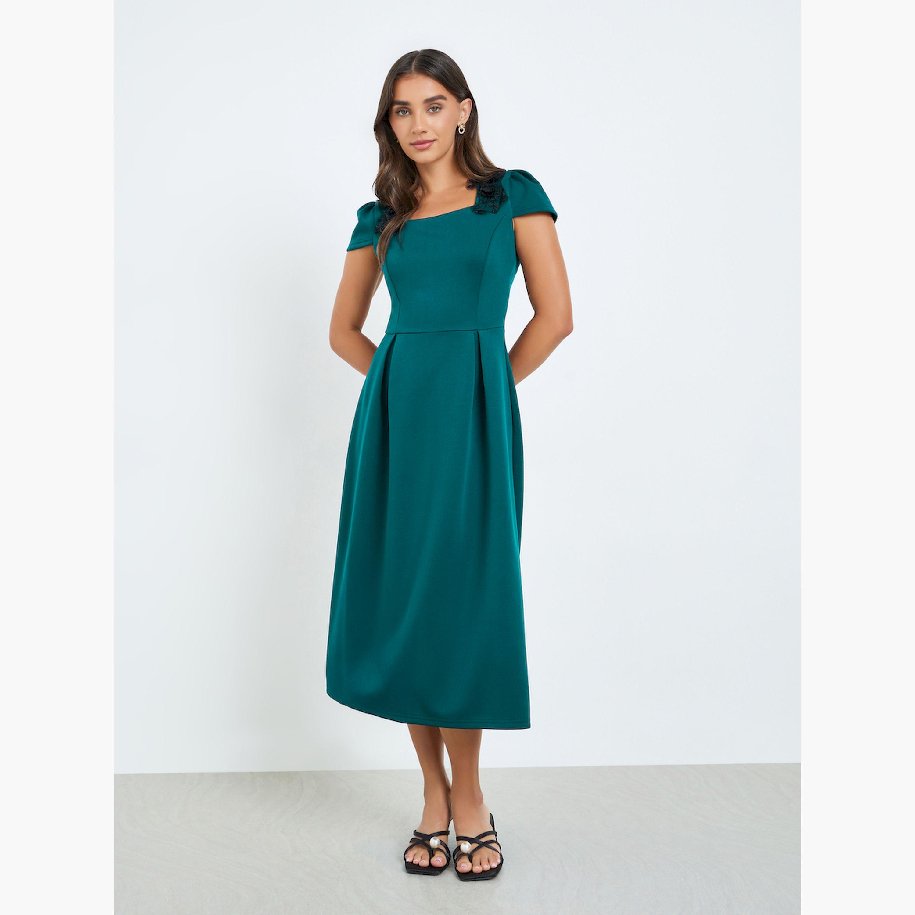 Styli Women Green Pleated A-Line Midi Dress-women-clothing-dresses-image-1