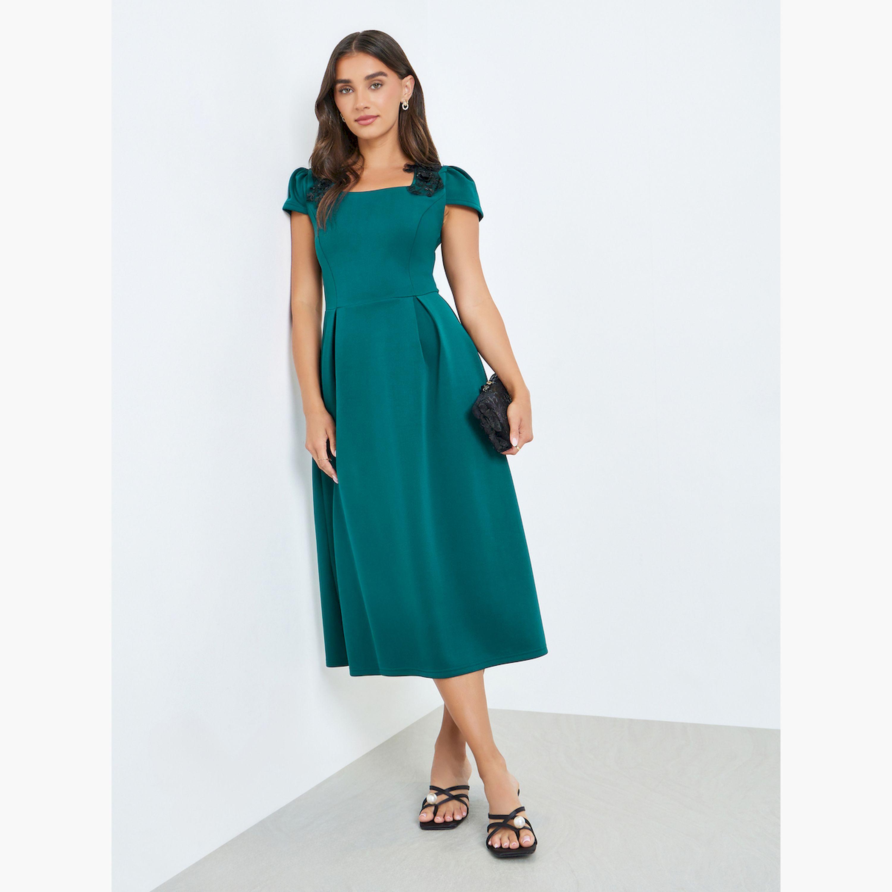 Styli Women Green Pleated A-Line Midi Dress-women-clothing-dresses-image-3
