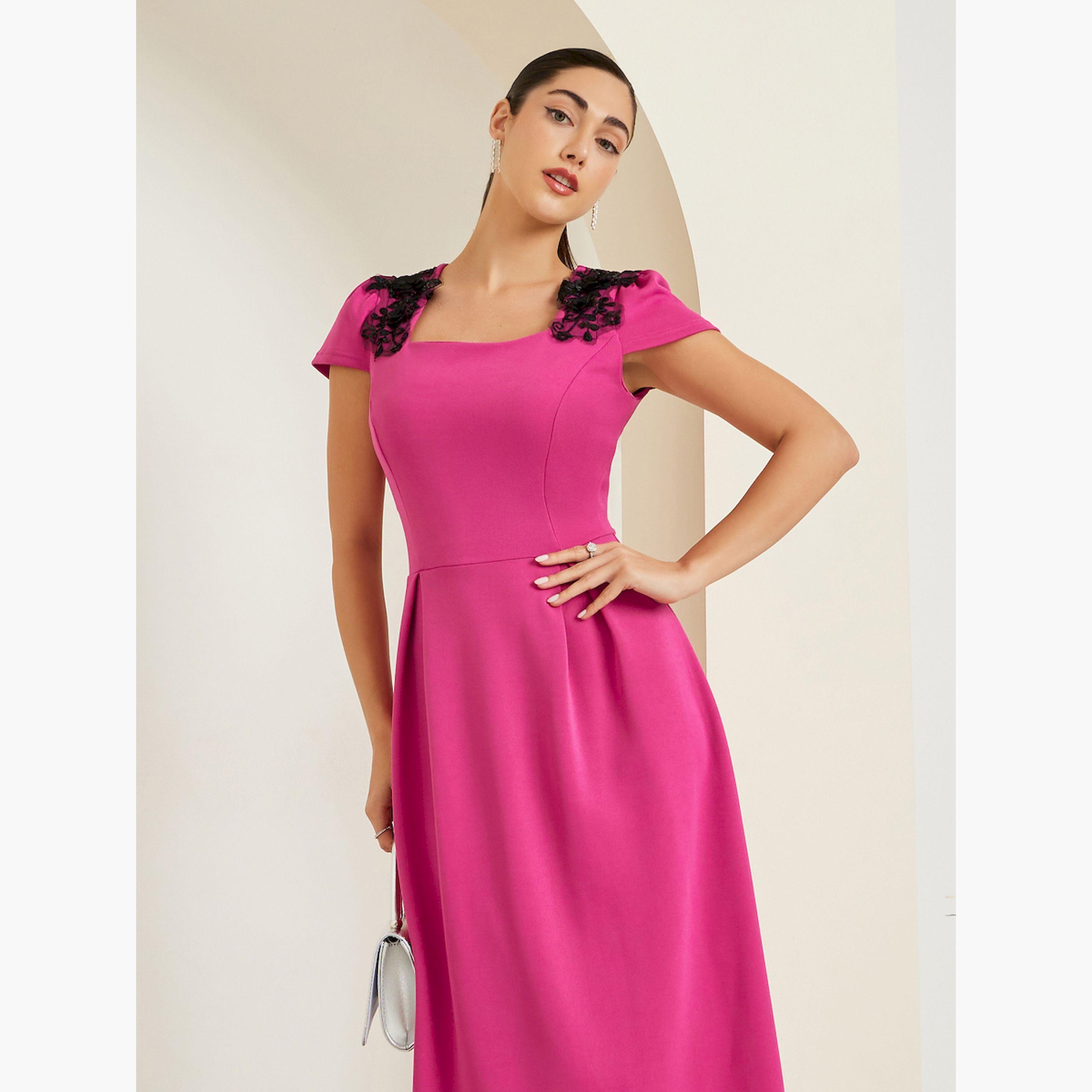 Styli Pink Embellished Short Sleeves Sheath Midi Dress-women-clothing-dresses-image-2
