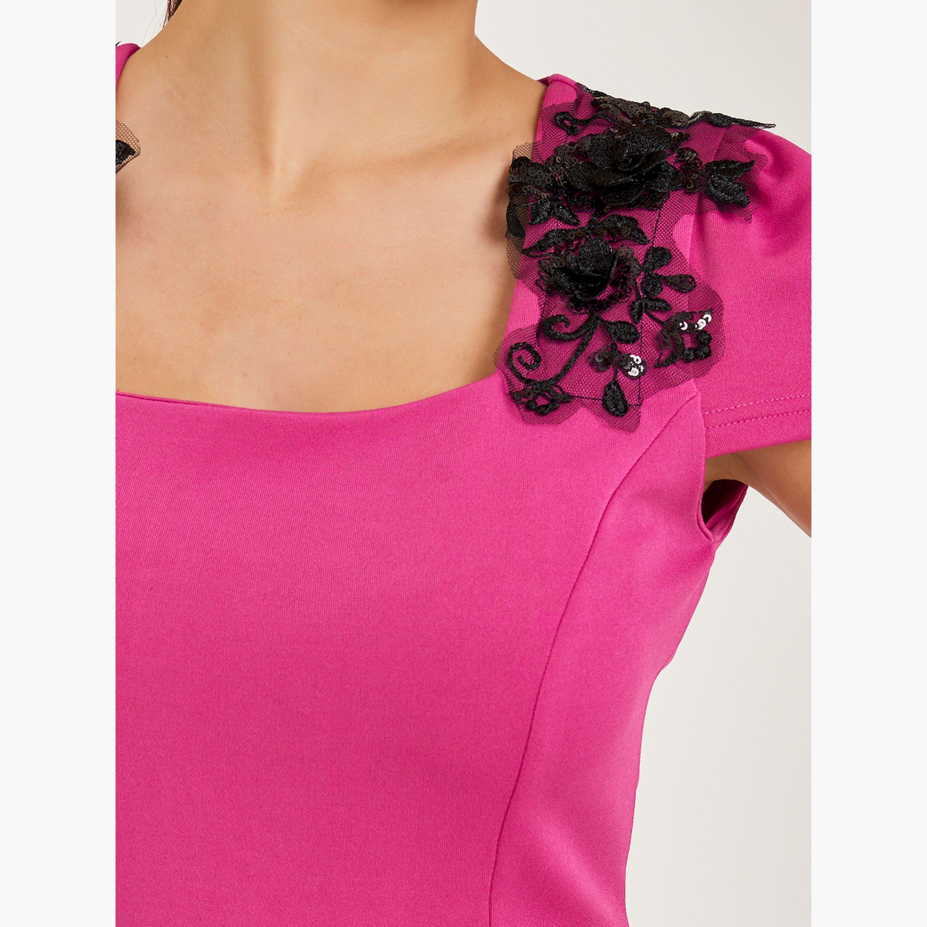Styli Pink Embellished Short Sleeves Sheath Midi Dress-women-clothing-dresses-image-5