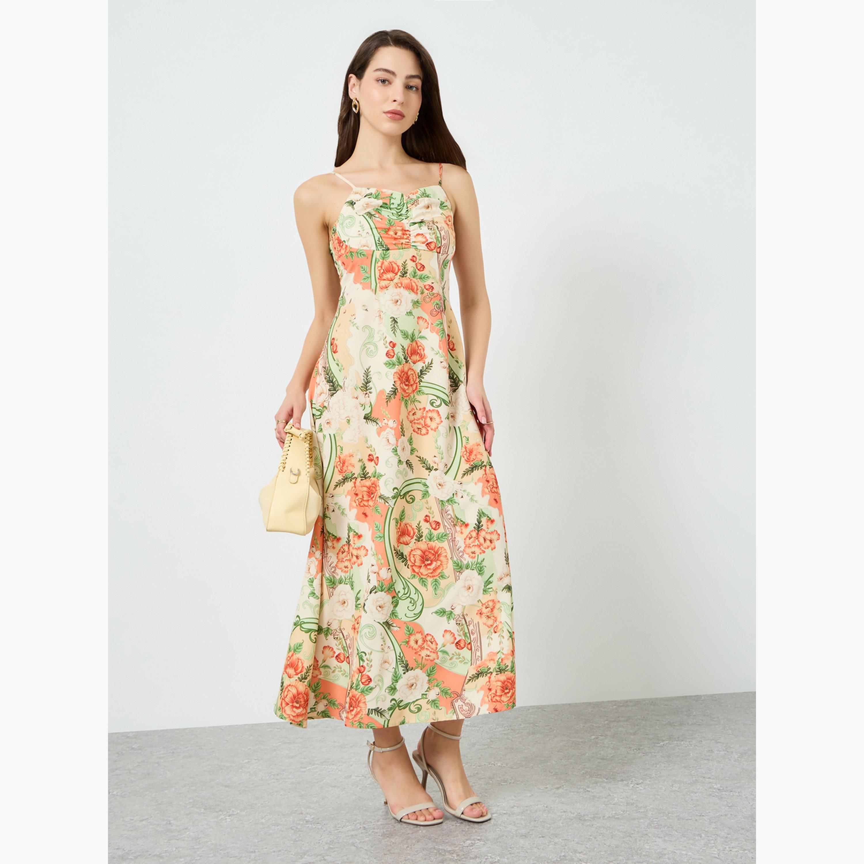 فستان طويل بحمالات وتفاصيل كشكش وطبعة زهور للنساء-women-clothing-dresses-image-1