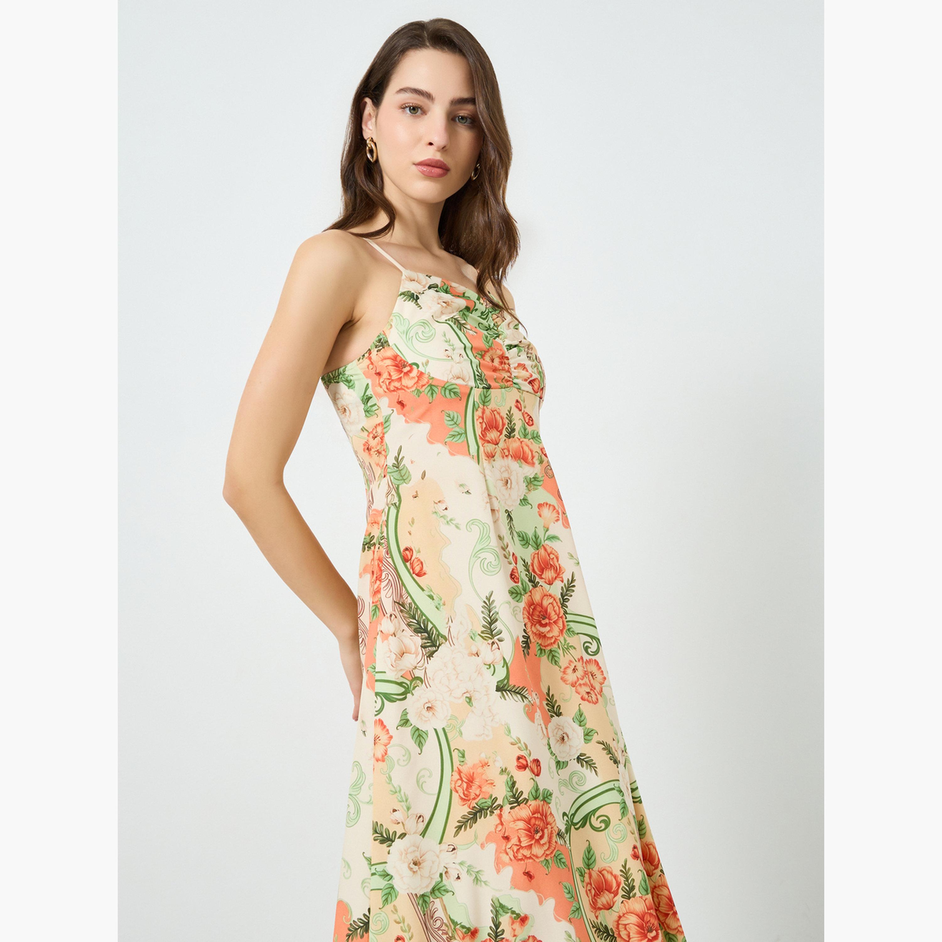 فستان طويل بحمالات وتفاصيل كشكش وطبعة زهور للنساء-women-clothing-dresses-image-2