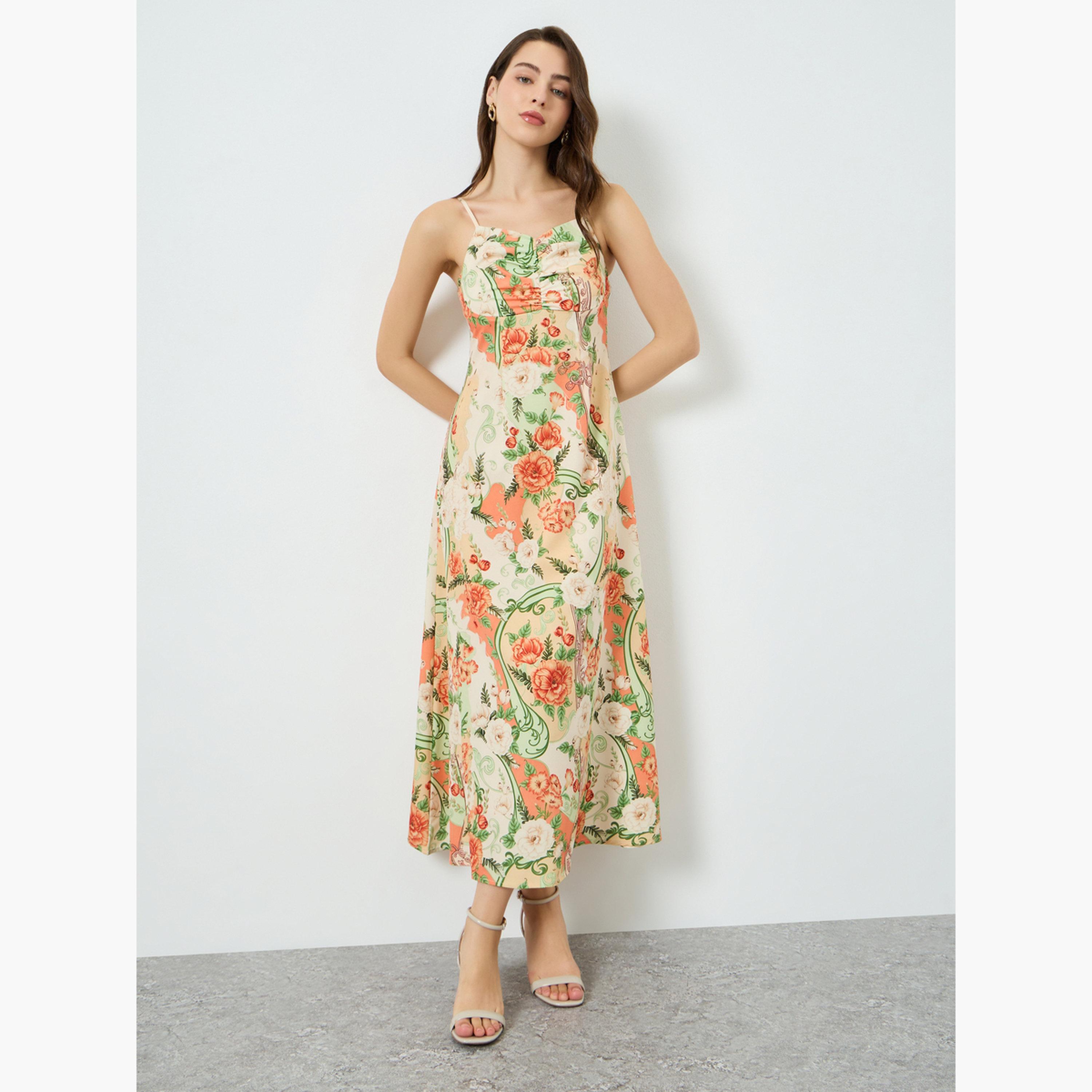فستان طويل بحمالات وتفاصيل كشكش وطبعة زهور للنساء-women-clothing-dresses-image-3