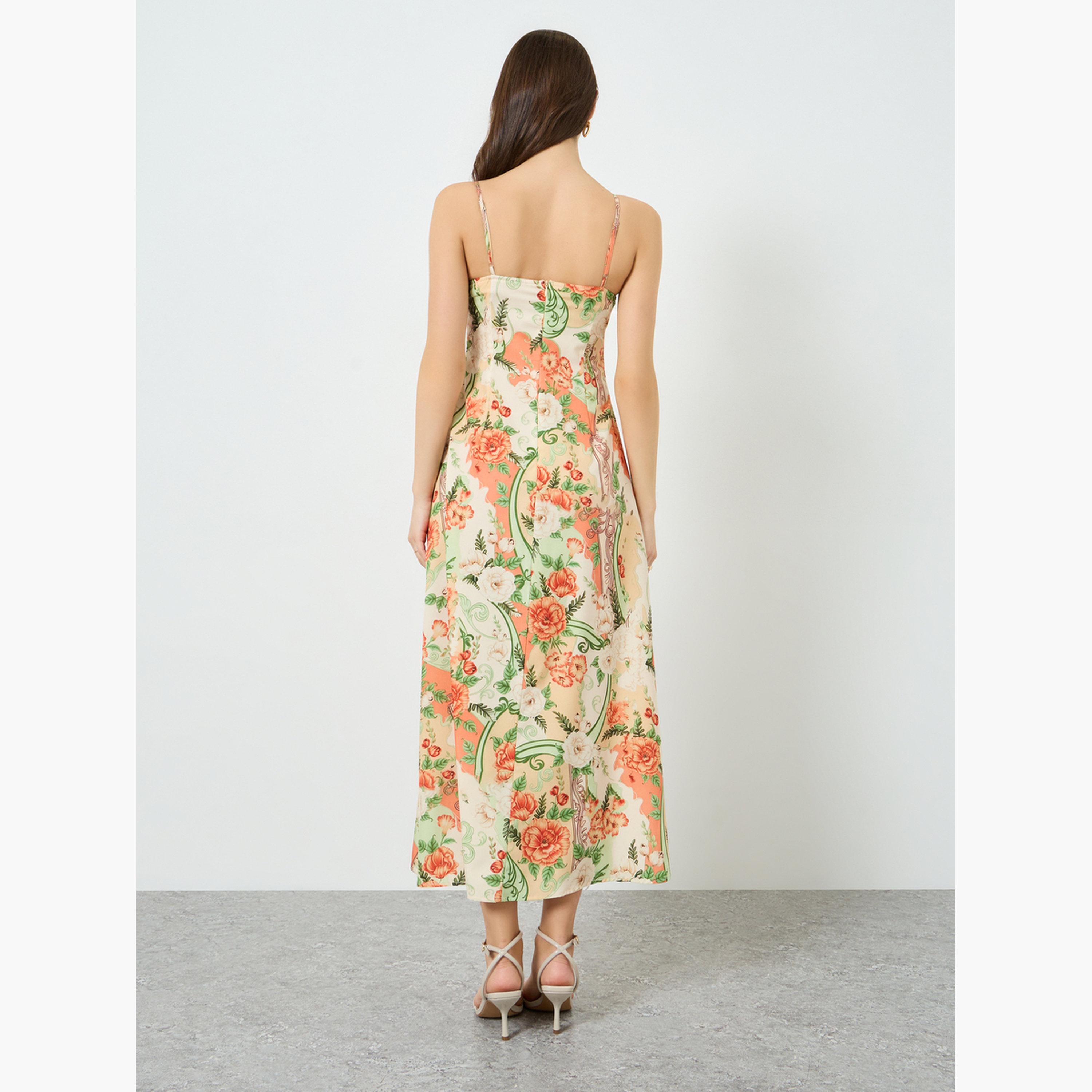 فستان طويل بحمالات وتفاصيل كشكش وطبعة زهور للنساء-women-clothing-dresses-image-4