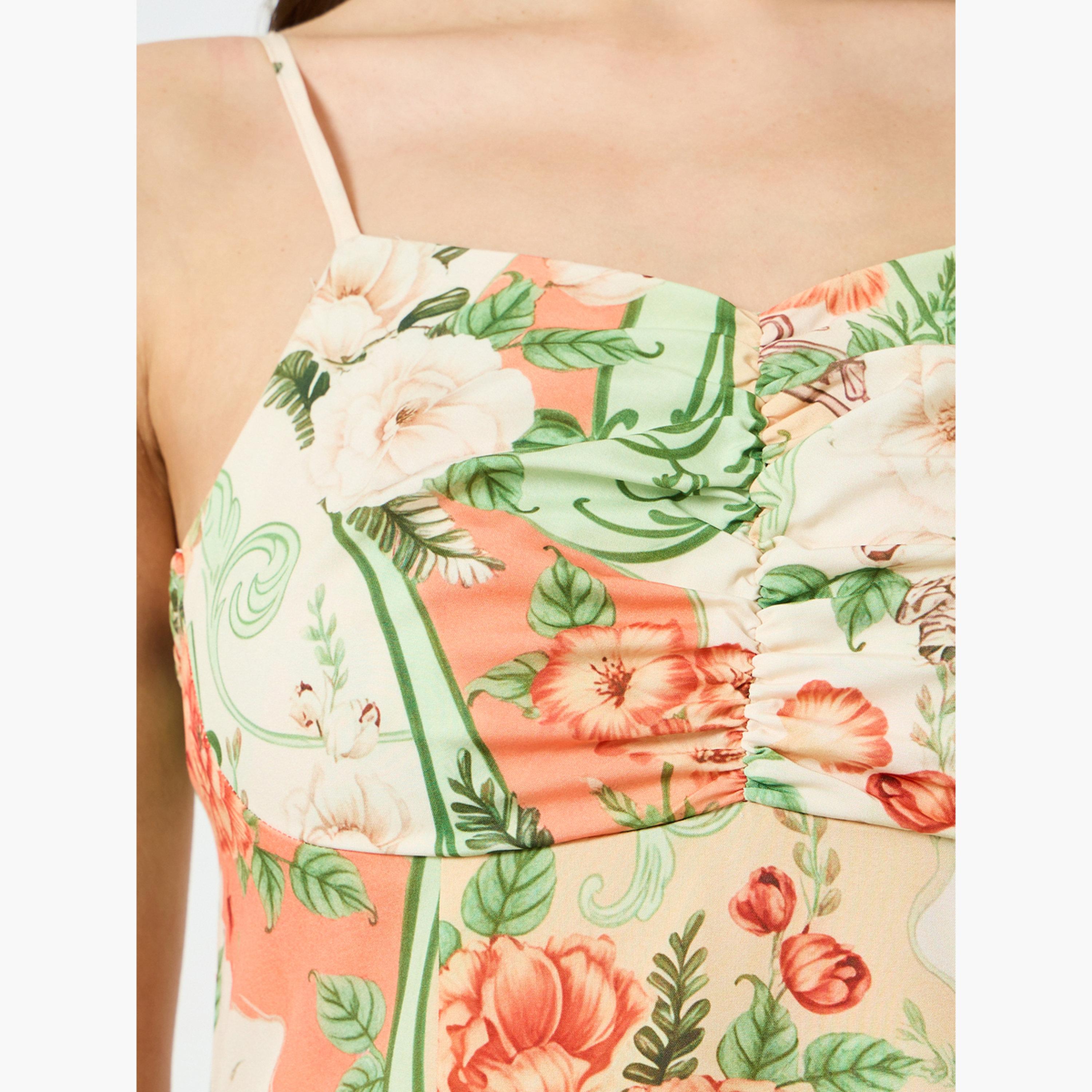 فستان طويل بحمالات وتفاصيل كشكش وطبعة زهور للنساء-women-clothing-dresses-image-5