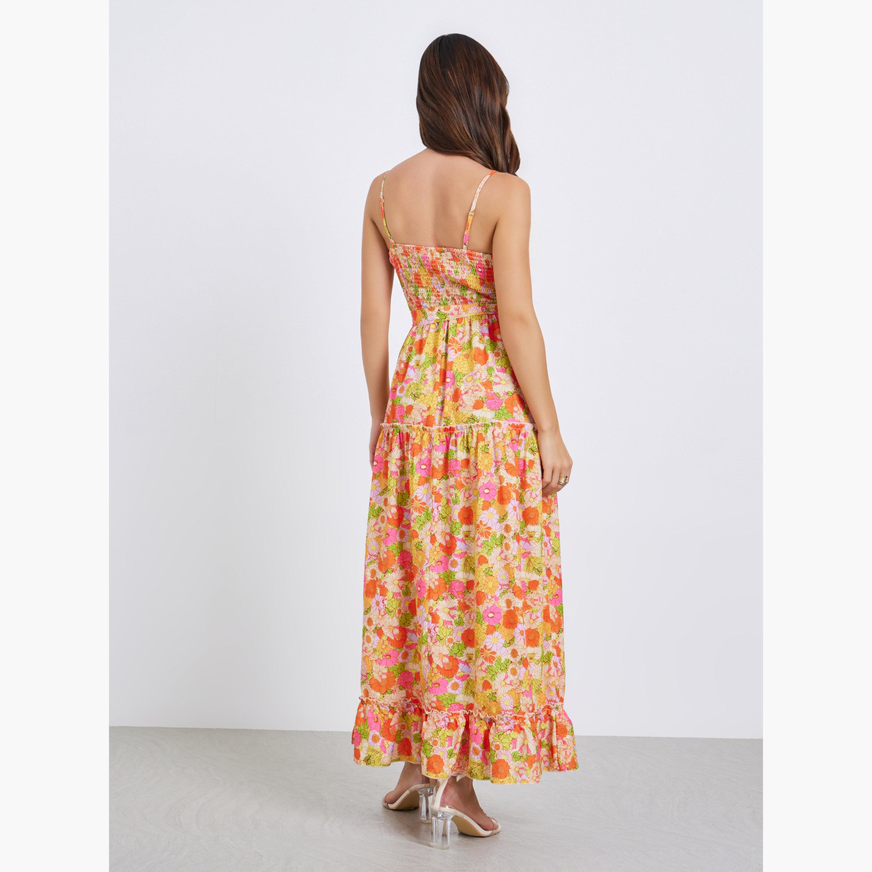 فستان طويل بحمالات وطبعة زهور وتفاصيل سموكينج-women-clothing-dresses-image-4
