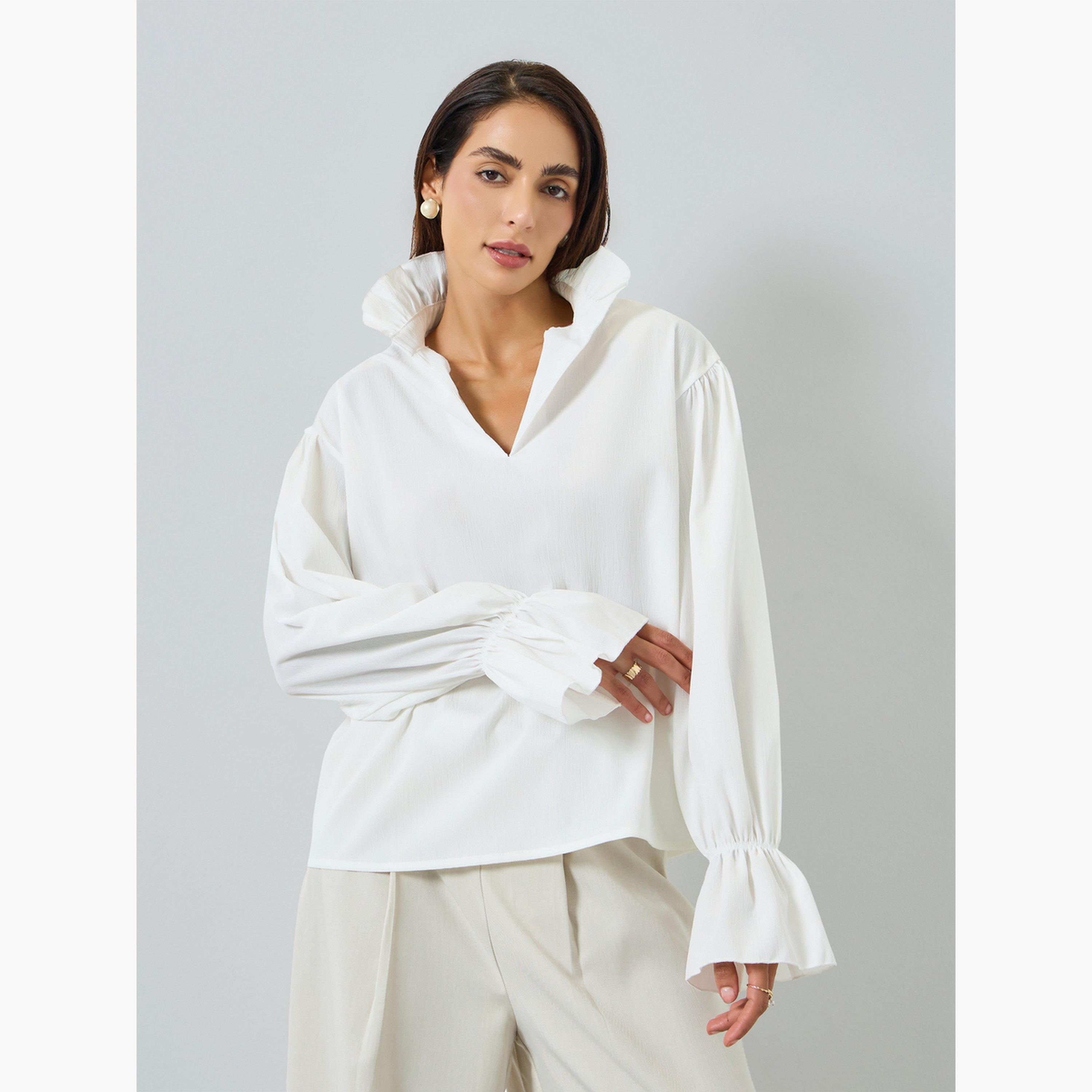 بلوزةة بيضاء طويلة بتفاصيل كشكش-women-clothing-shirtsandblouses-blouses-image-1