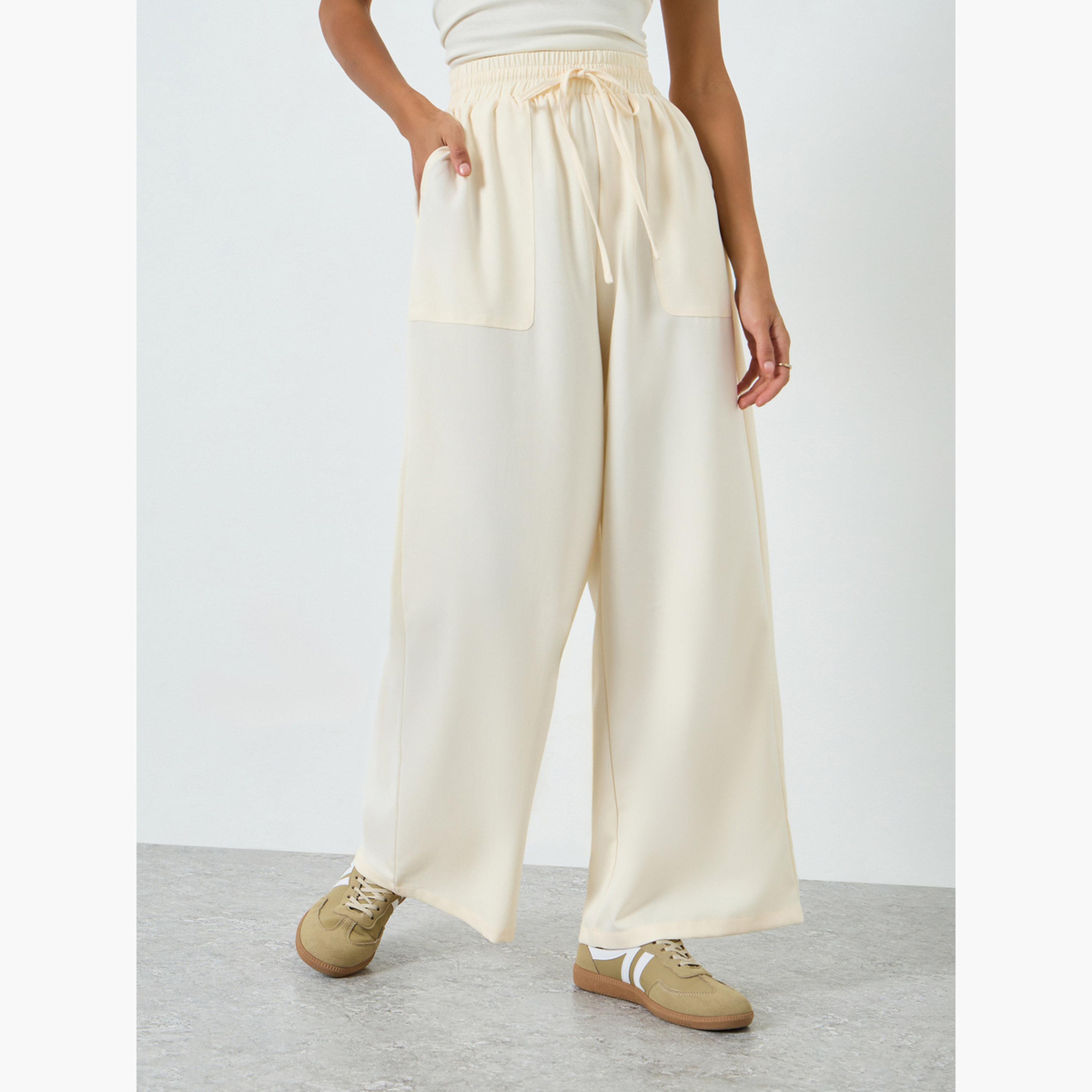 Take Two Women Beige Wide Leg Pants with Drawstring Waist-women-clothing-bottoms-joggers-image-1