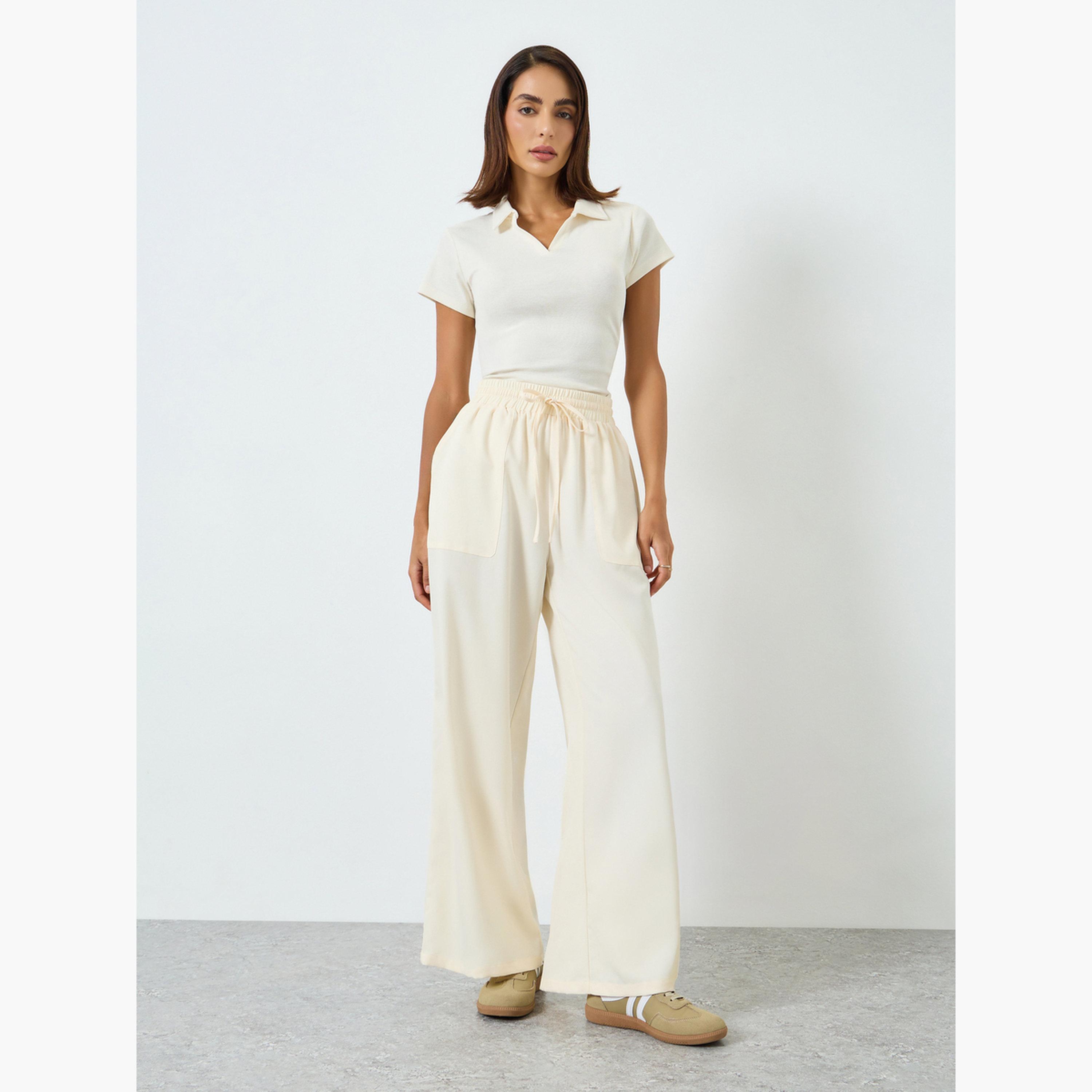 Take Two Women Beige Wide Leg Pants with Drawstring Waist-women-clothing-bottoms-joggers-image-2