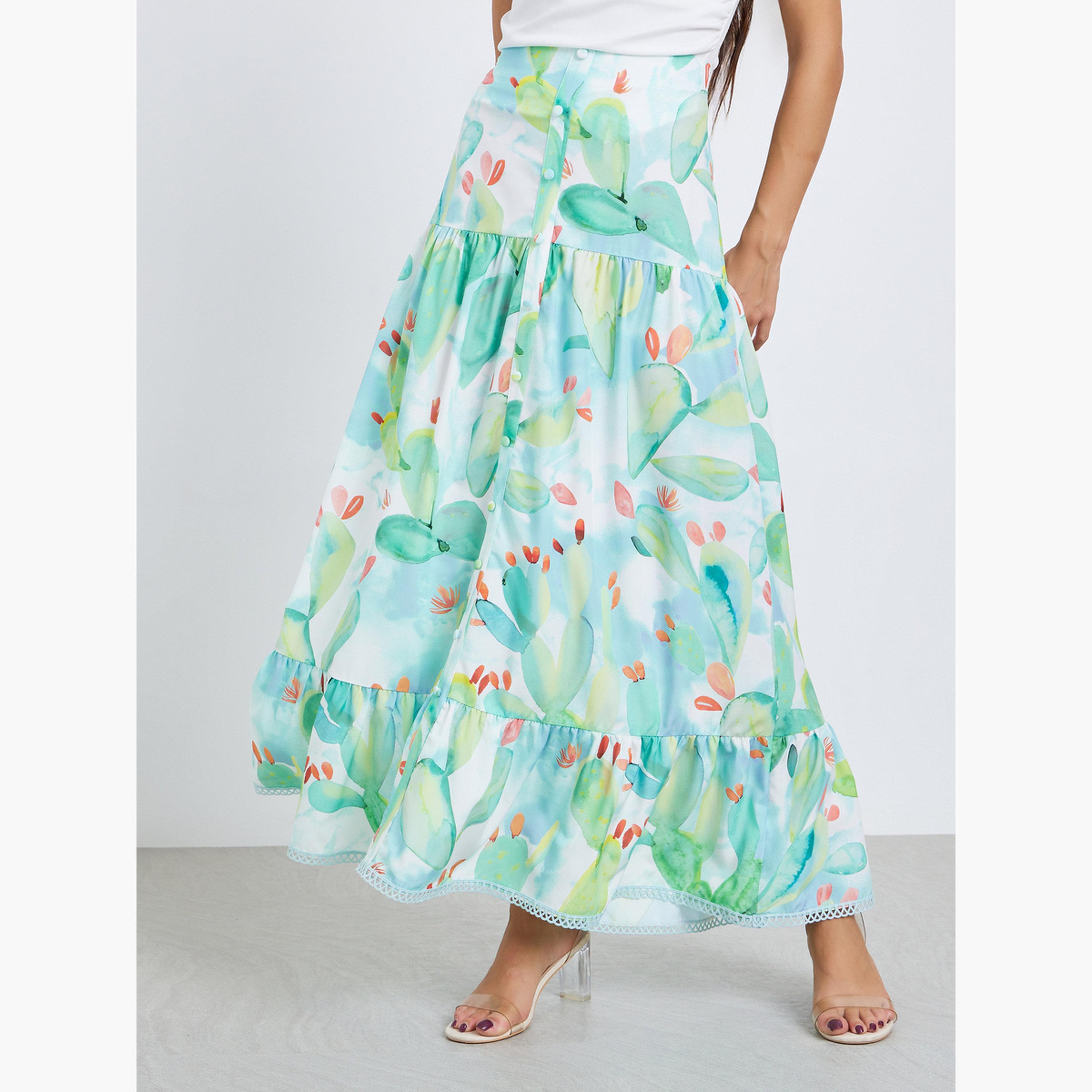 تنورة طويلة بطبعة زهور وأزرار وحافة بكشكش-women-clothing-bottoms-skirts-image-1