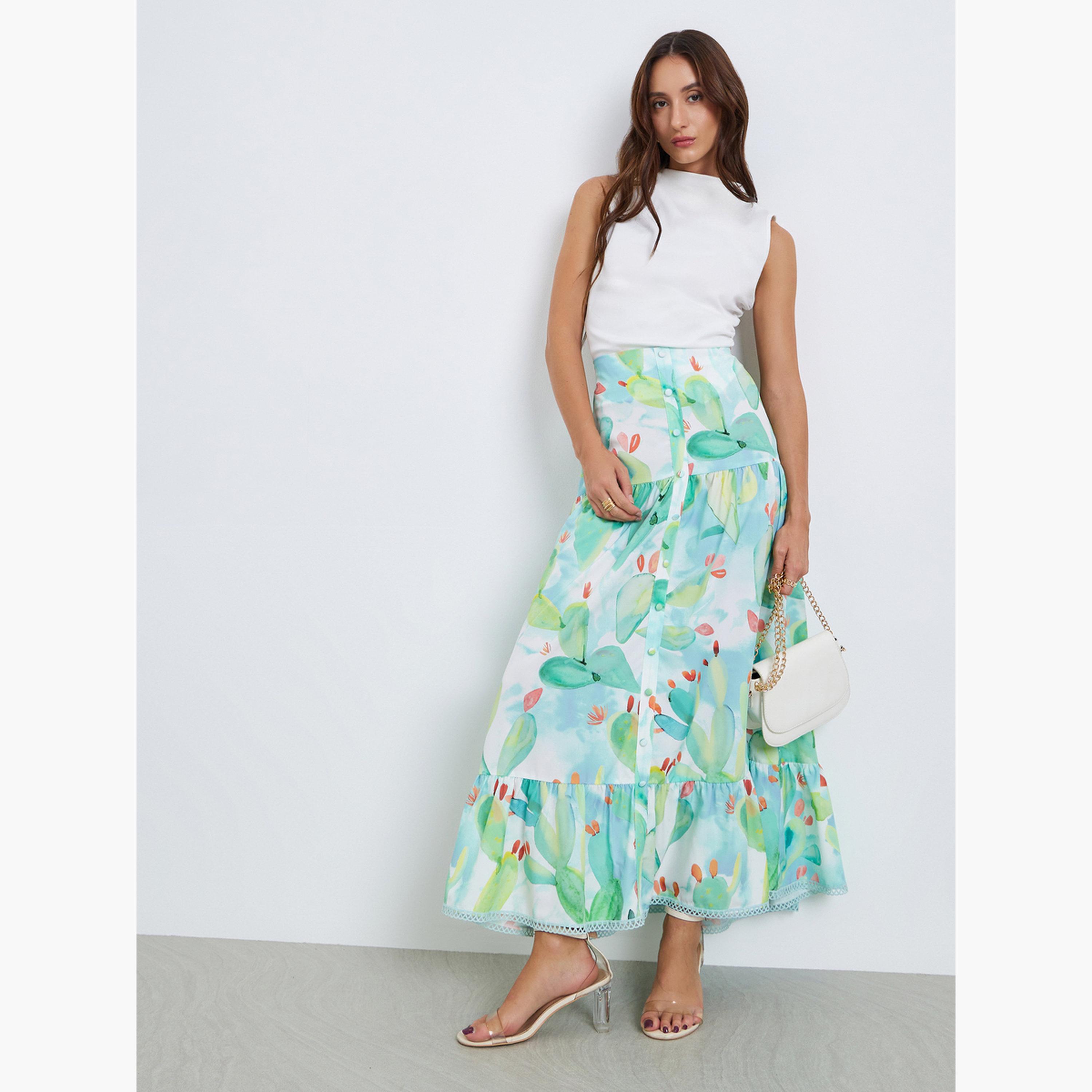 Take Two Women Floral Print Buttoned Ruffled Hem Maxi Skirt-women-clothing-bottoms-skirts-image-2