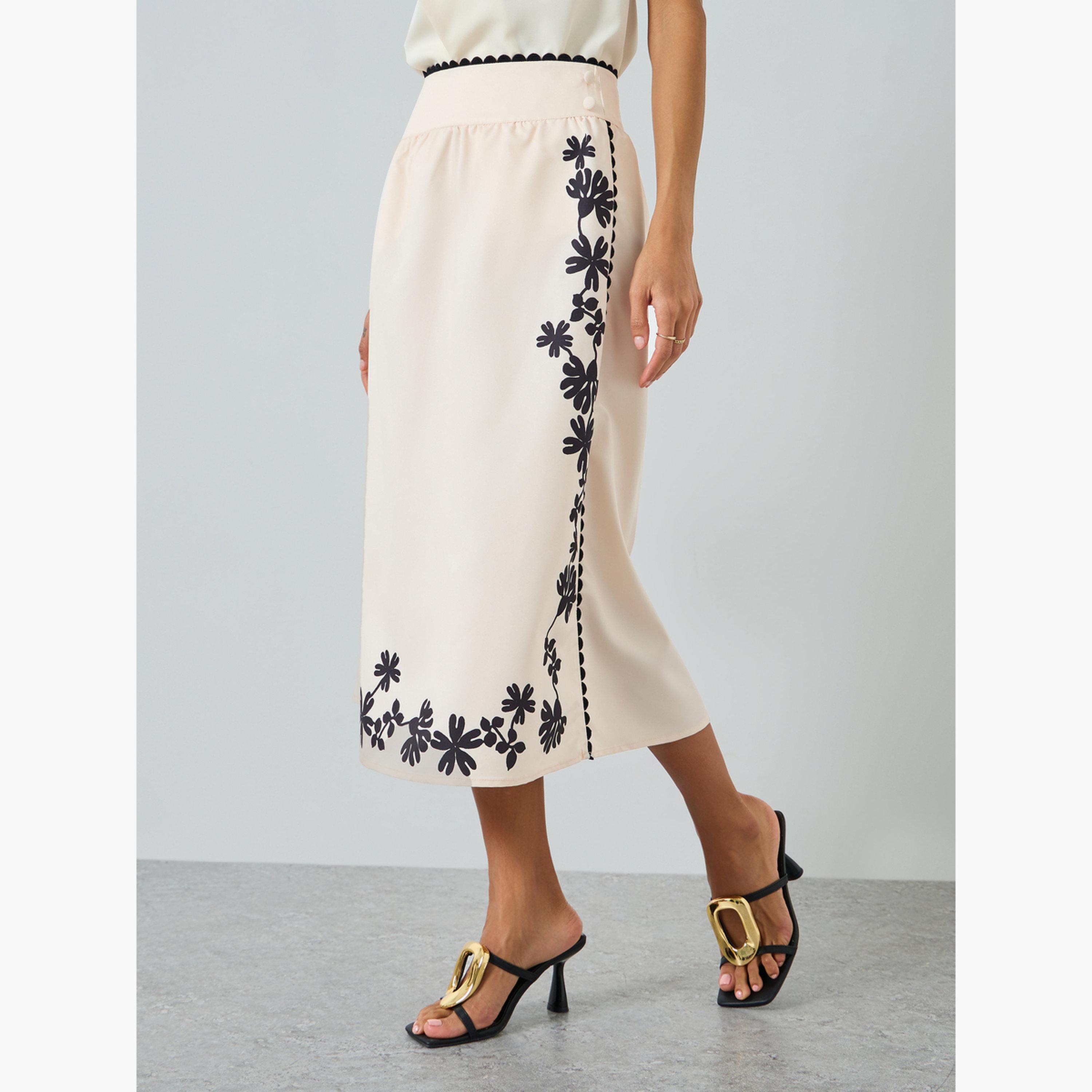 تنورة بيج بحافة واسعة وطبعة زهور وحافة دانتيل للنساء-women-clothing-bottoms-skirts-image-1