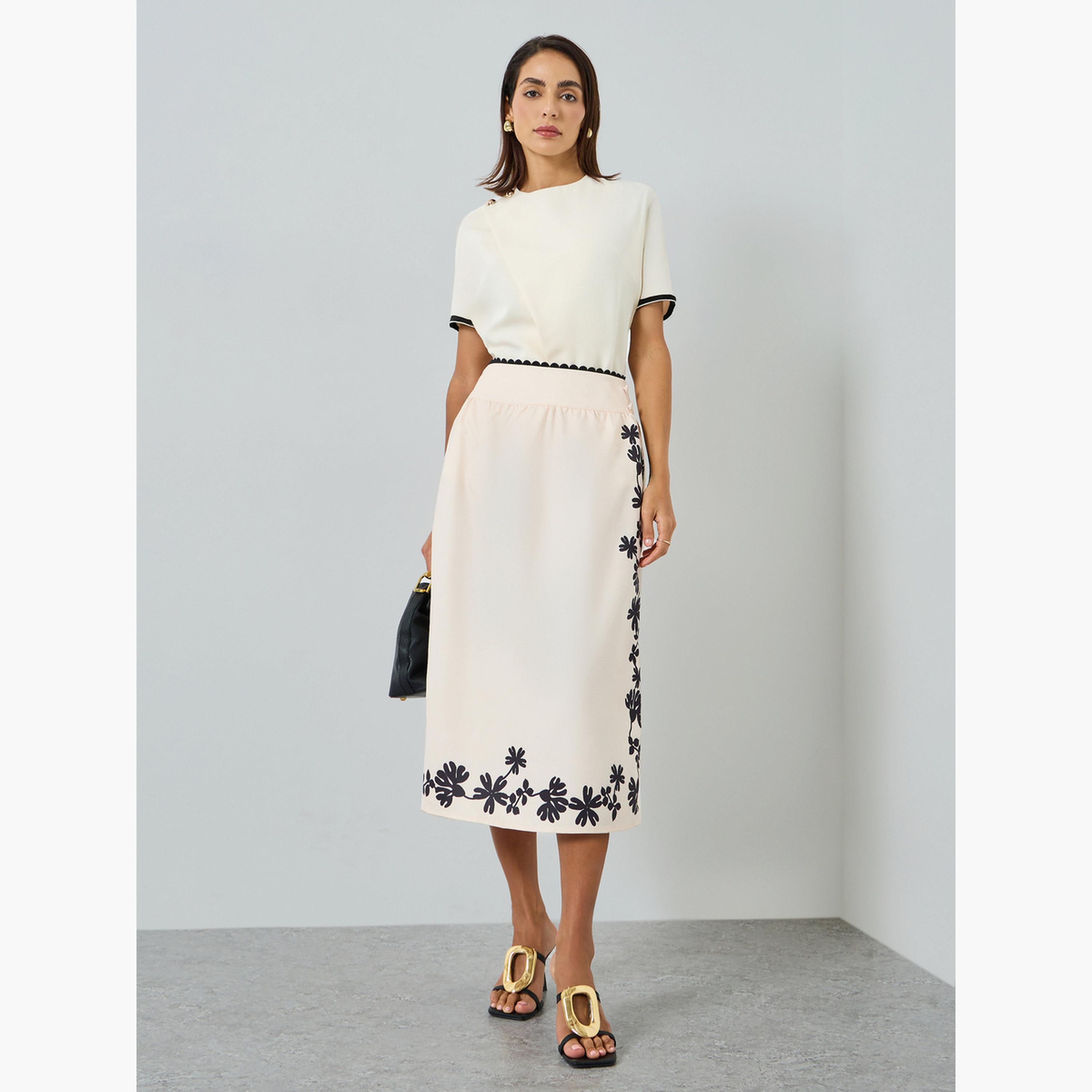 تنورة بيج بحافة واسعة وطبعة زهور وحافة دانتيل للنساء-women-clothing-bottoms-skirts-image-2