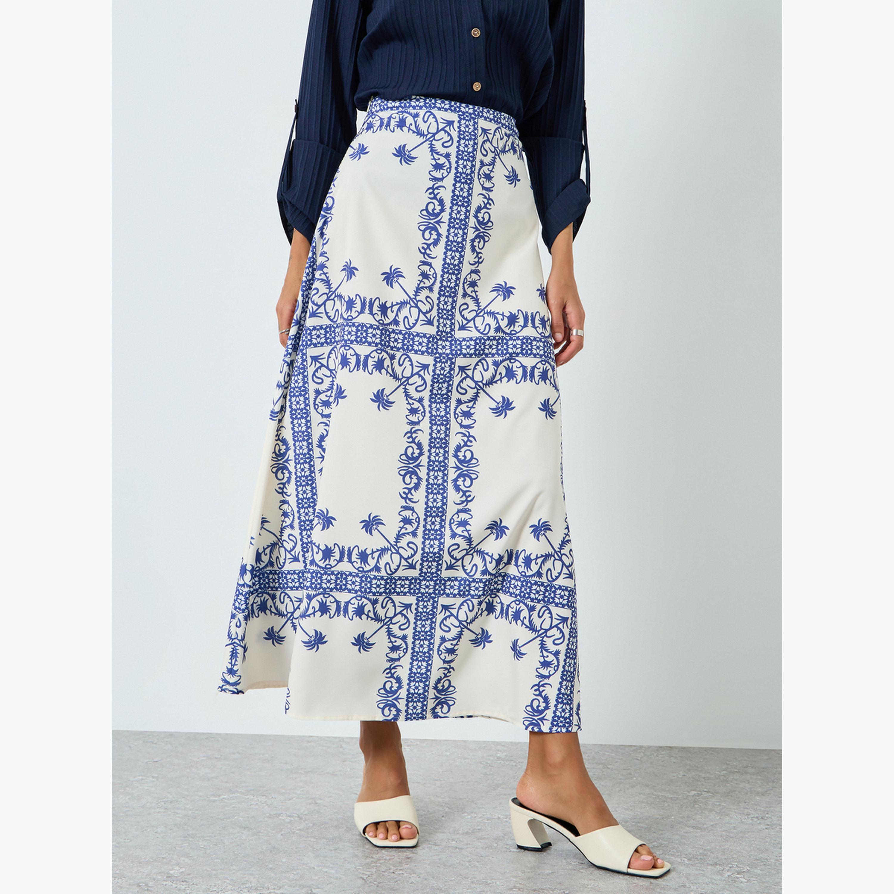 تنورة ميدية بحافة واسعة وطبعة زرقاء-women-clothing-bottoms-skirts-image-1