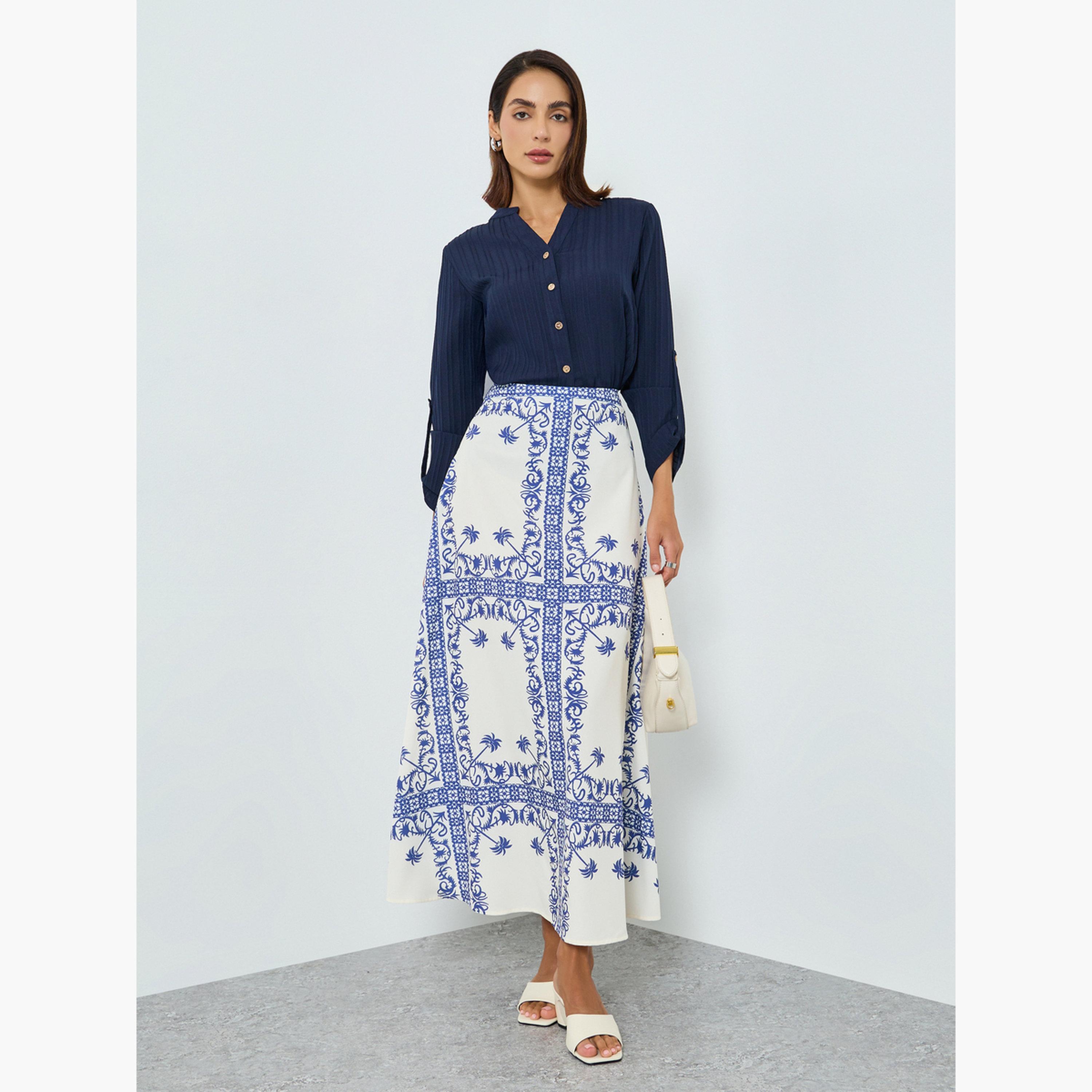 Take Two Women Blue Print Midi A-Line Skirt-women-clothing-bottoms-skirts-image-2