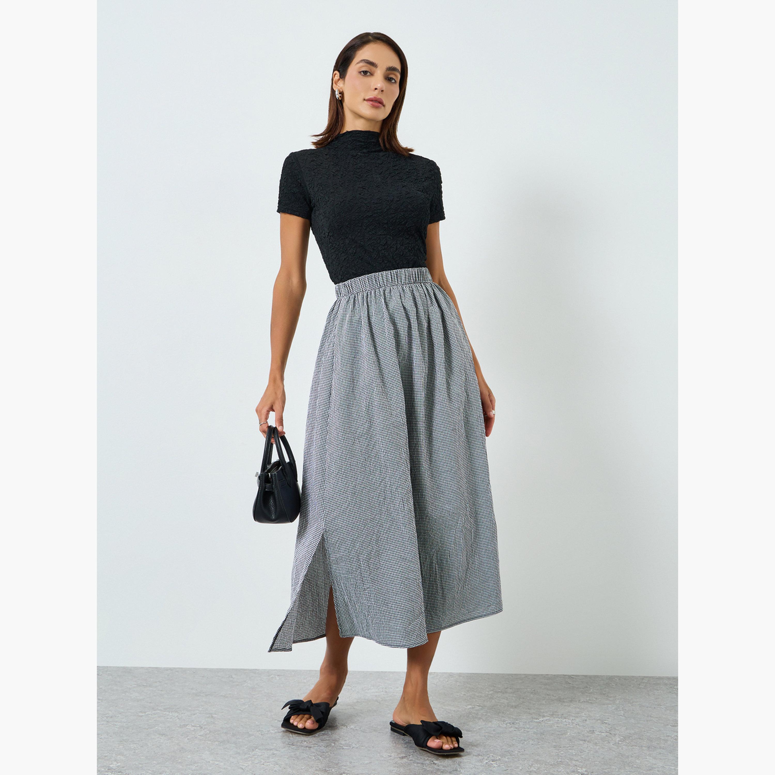تنورةة بحافة واسعة كاروهات وفتحة جانبية-women-clothing-bottoms-skirts-image-2