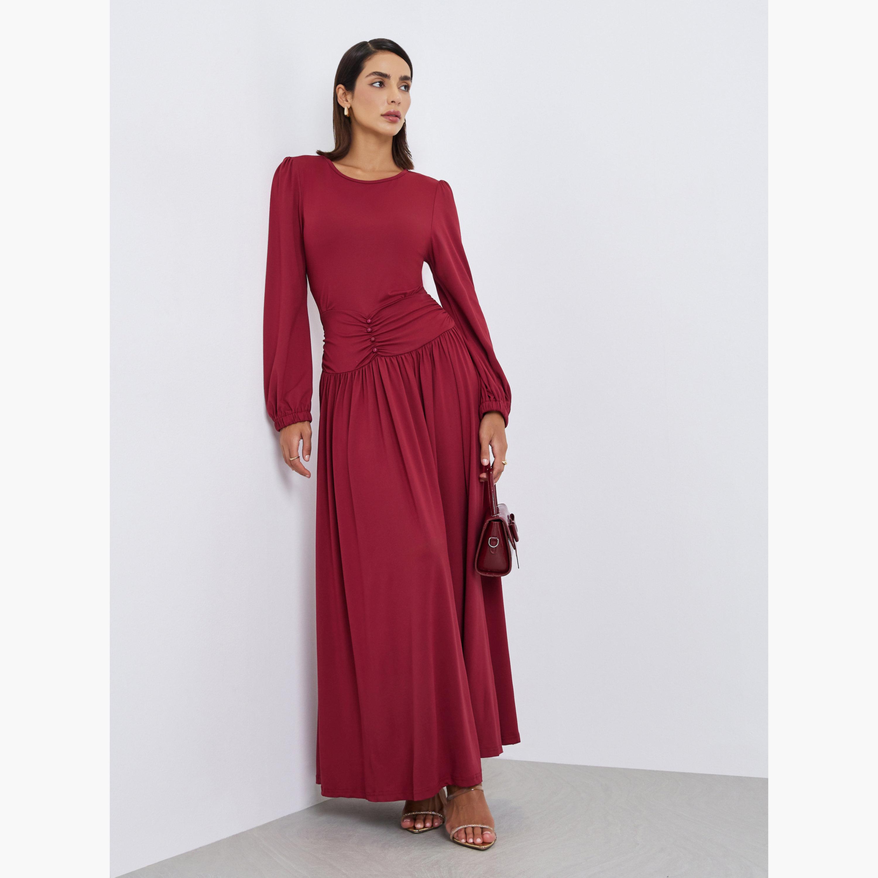 فستان طويل بخصر مزموم-women-clothing-dresses-image-1