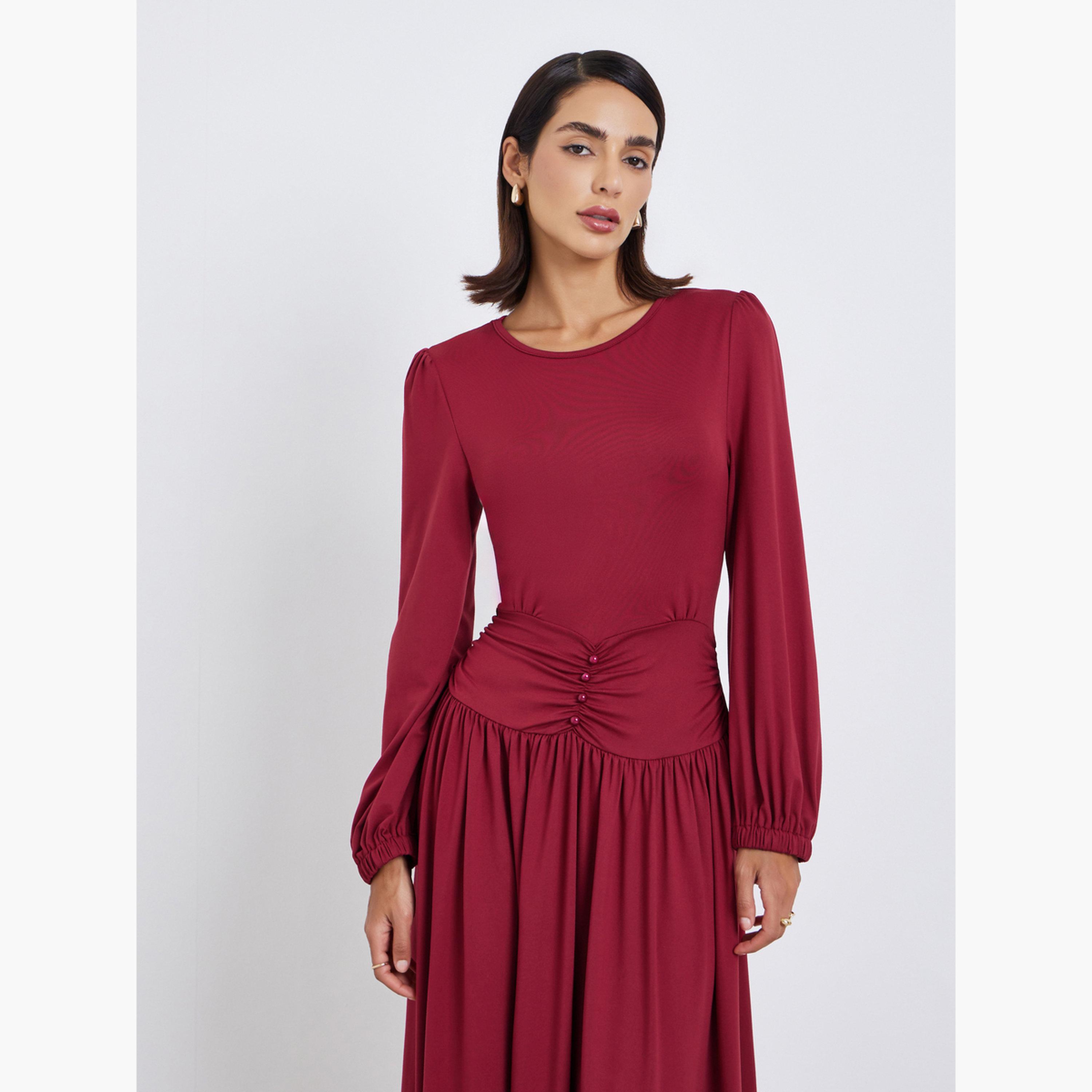 فستان طويل بخصر مزموم-women-clothing-dresses-image-2