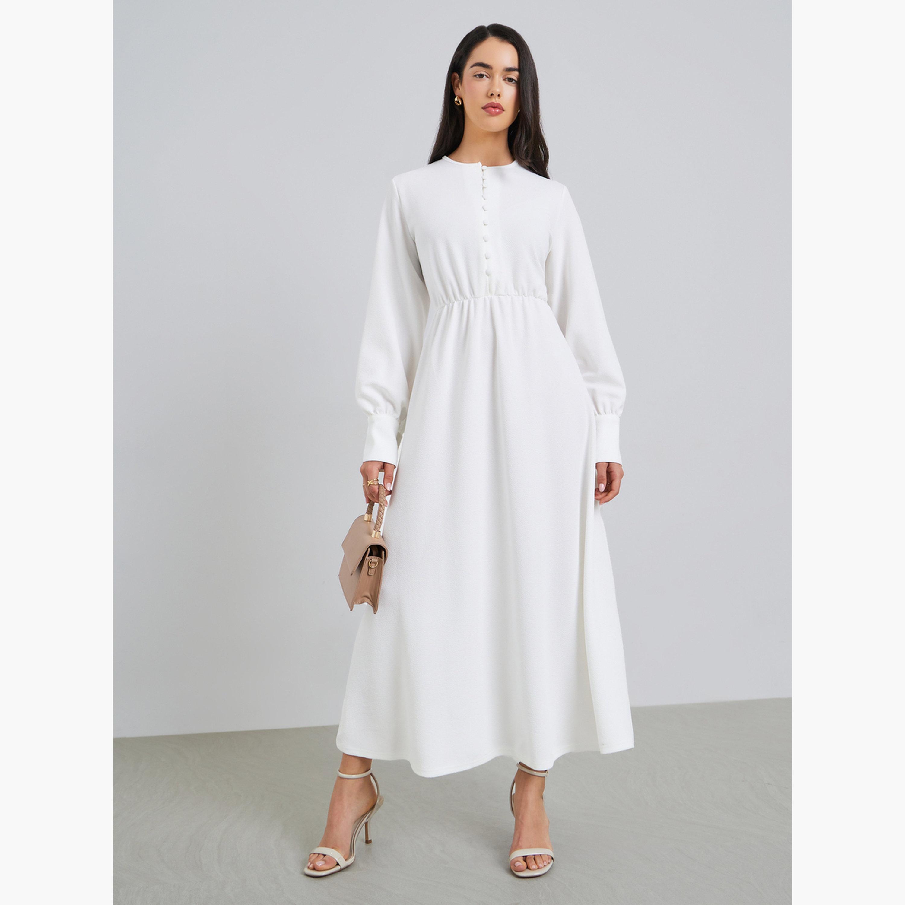 فستان ميدي بأزرار وتصميم واسع من الأسفل-women-clothing-dresses-image-1