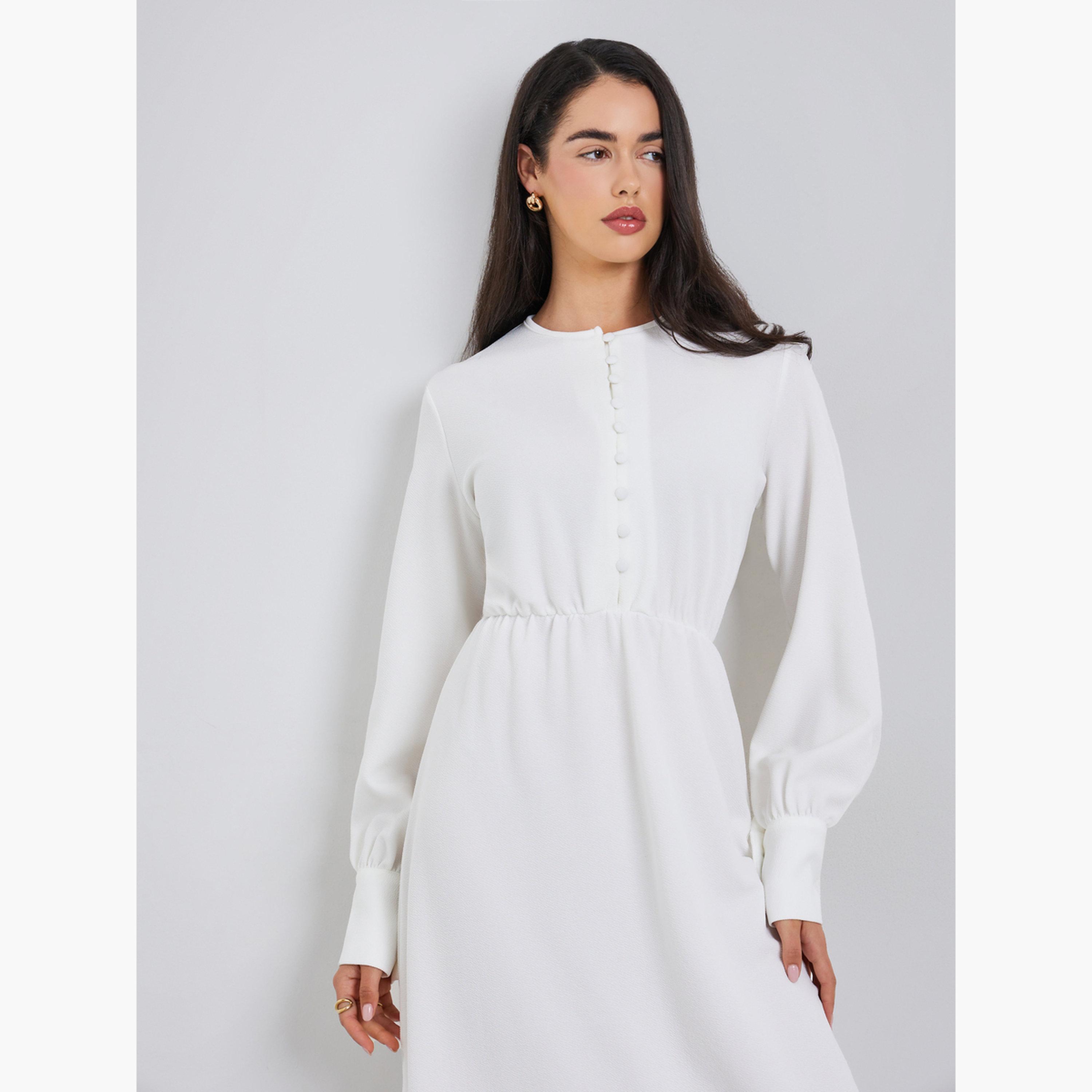 فستان ميدي بأزرار وتصميم واسع من الأسفل-women-clothing-dresses-image-2