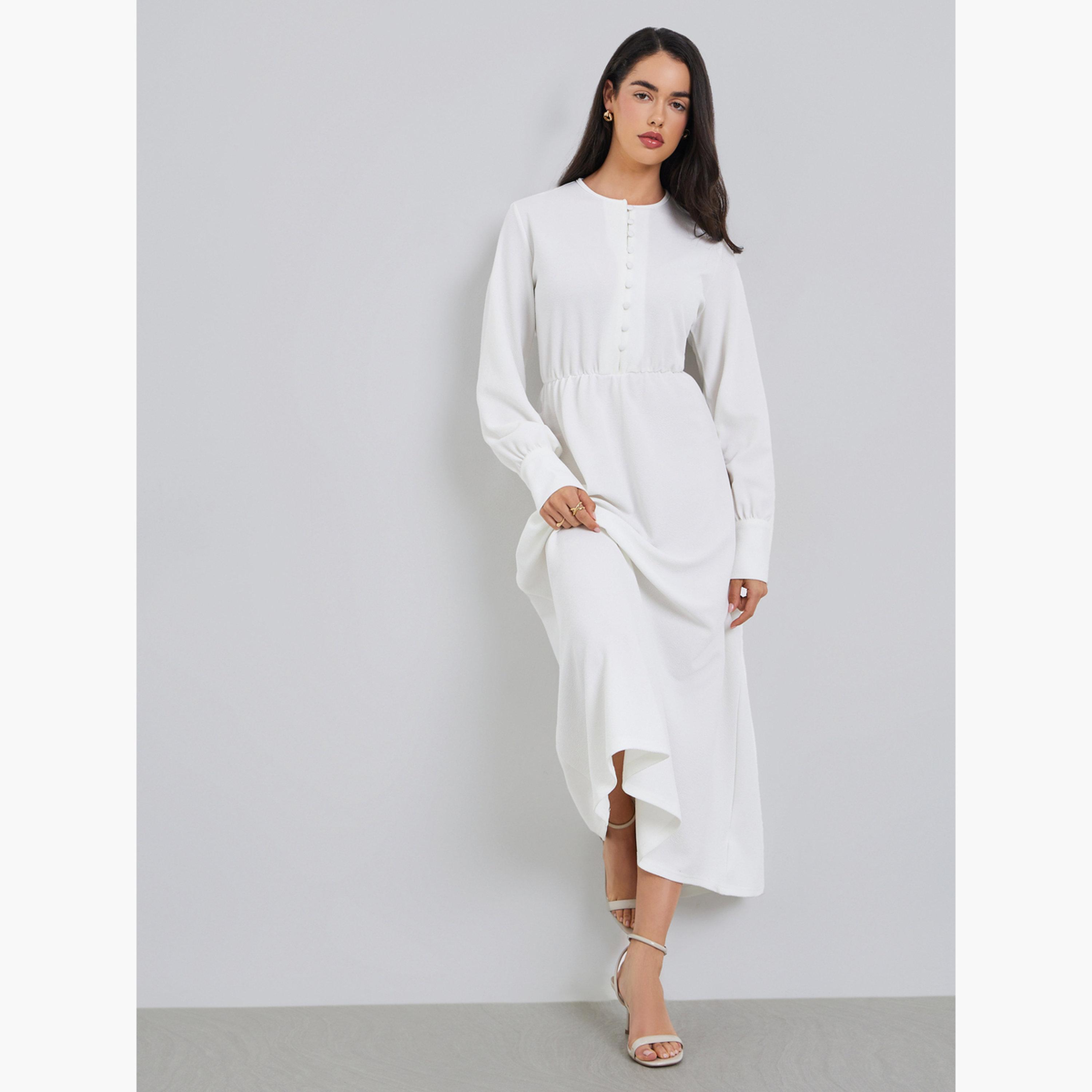 فستان ميدي بأزرار وتصميم واسع من الأسفل-women-clothing-dresses-image-3