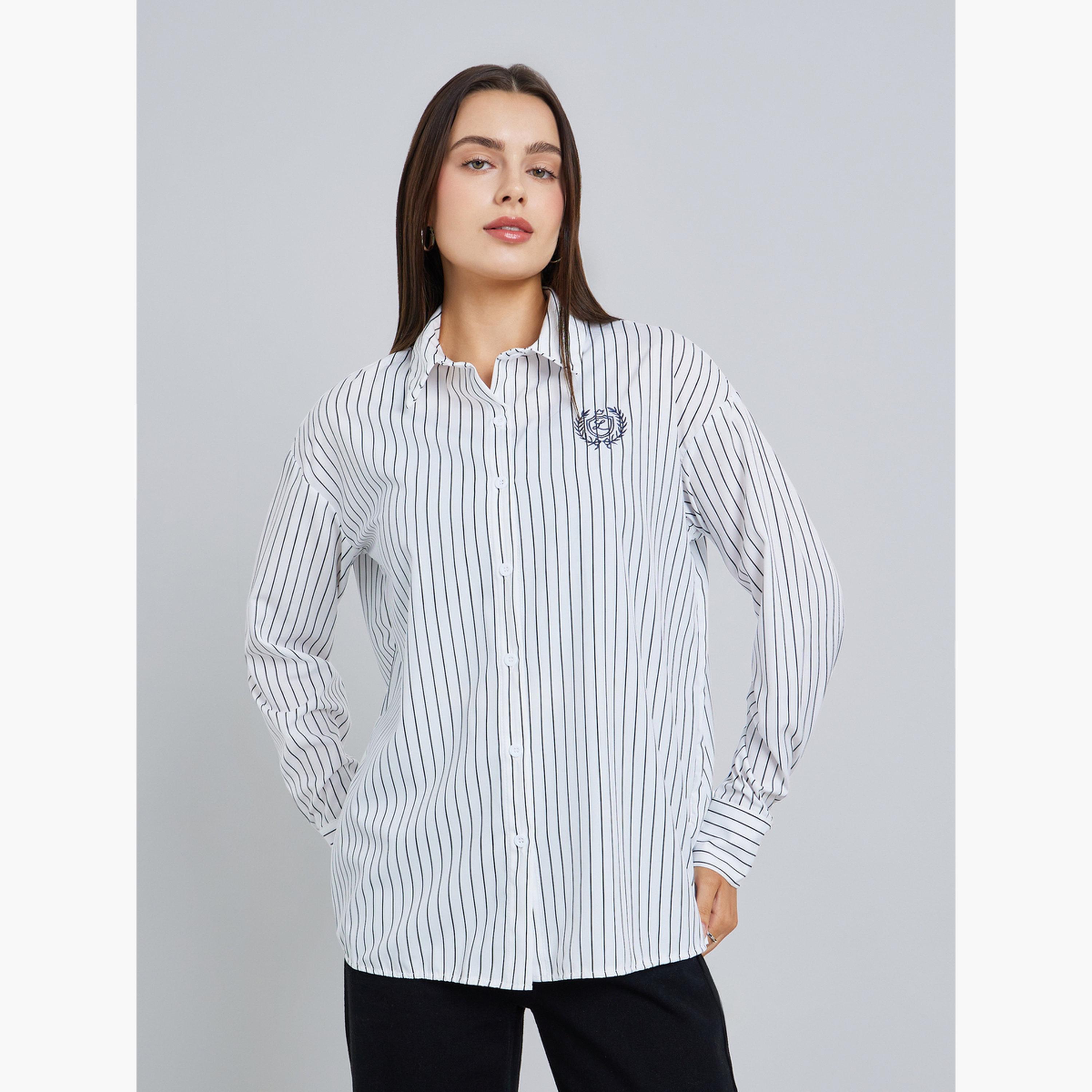 Styli Women Striped Embroidered Oversized Shirt-women-clothing-shirtsandblouses-shirts-image-1