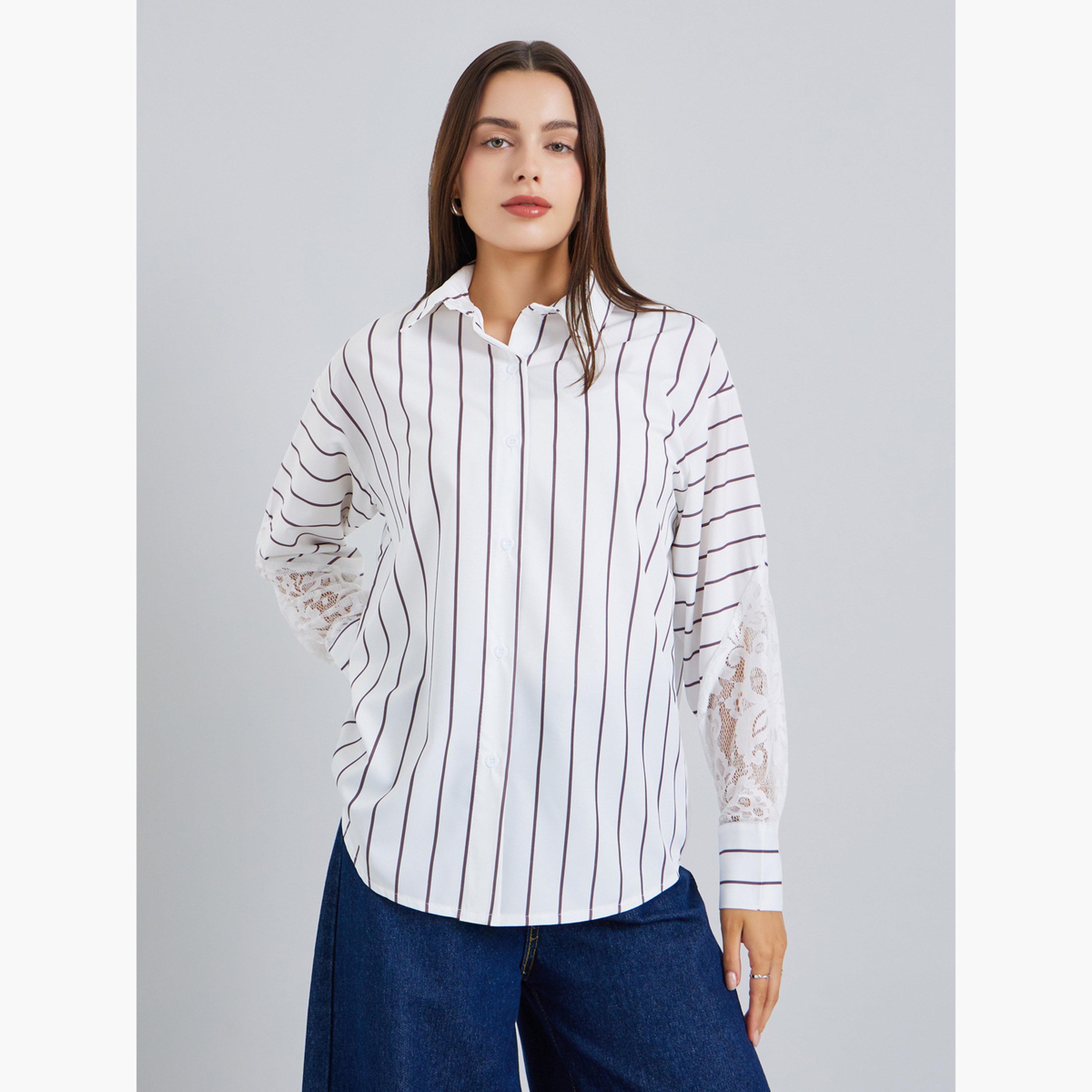 Styli Women White Striped Oversized Shirt with Lace Sleeves-women-clothing-shirtsandblouses-shirts-image-1