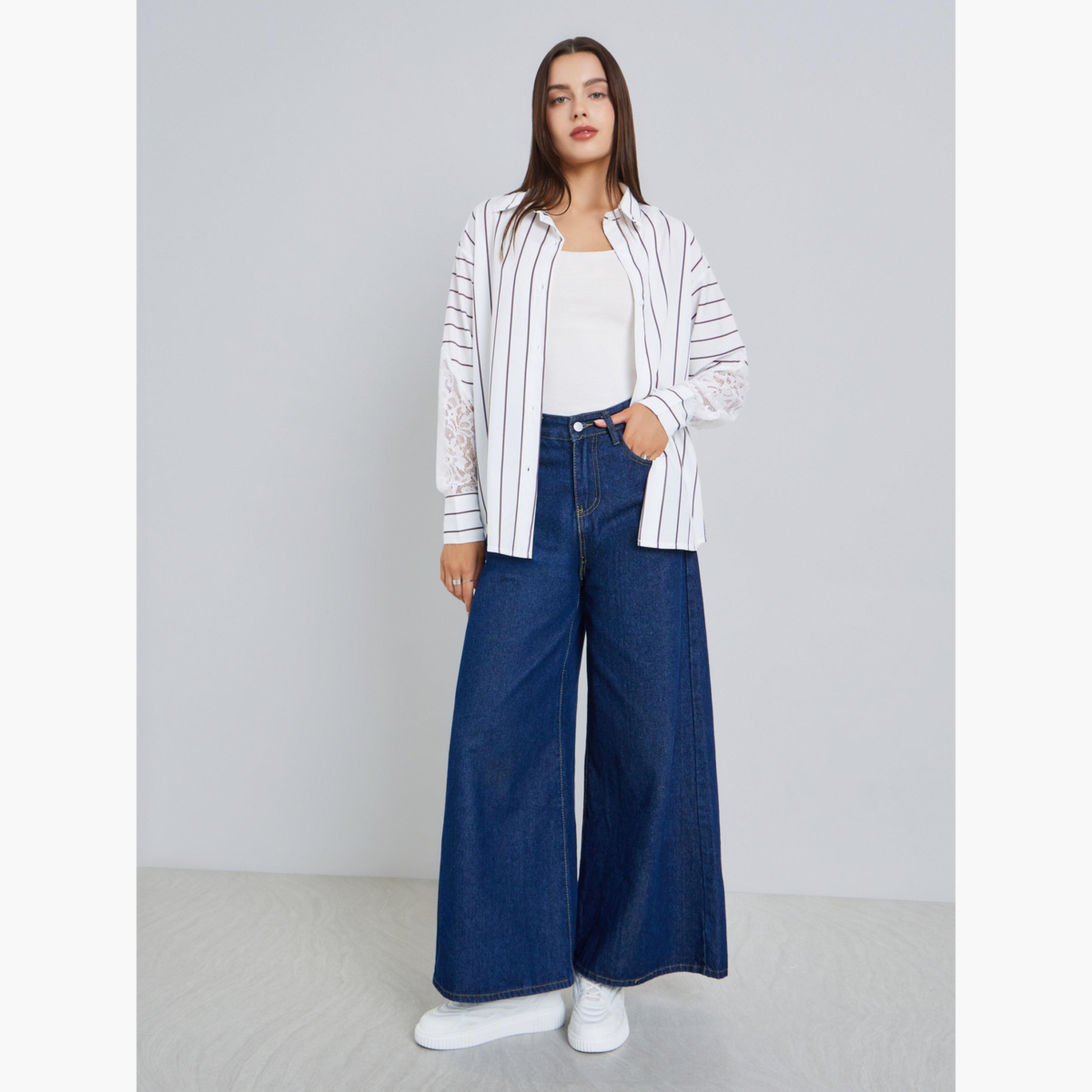 Styli Women White Striped Oversized Shirt with Lace Sleeves-women-clothing-shirtsandblouses-shirts-image-2