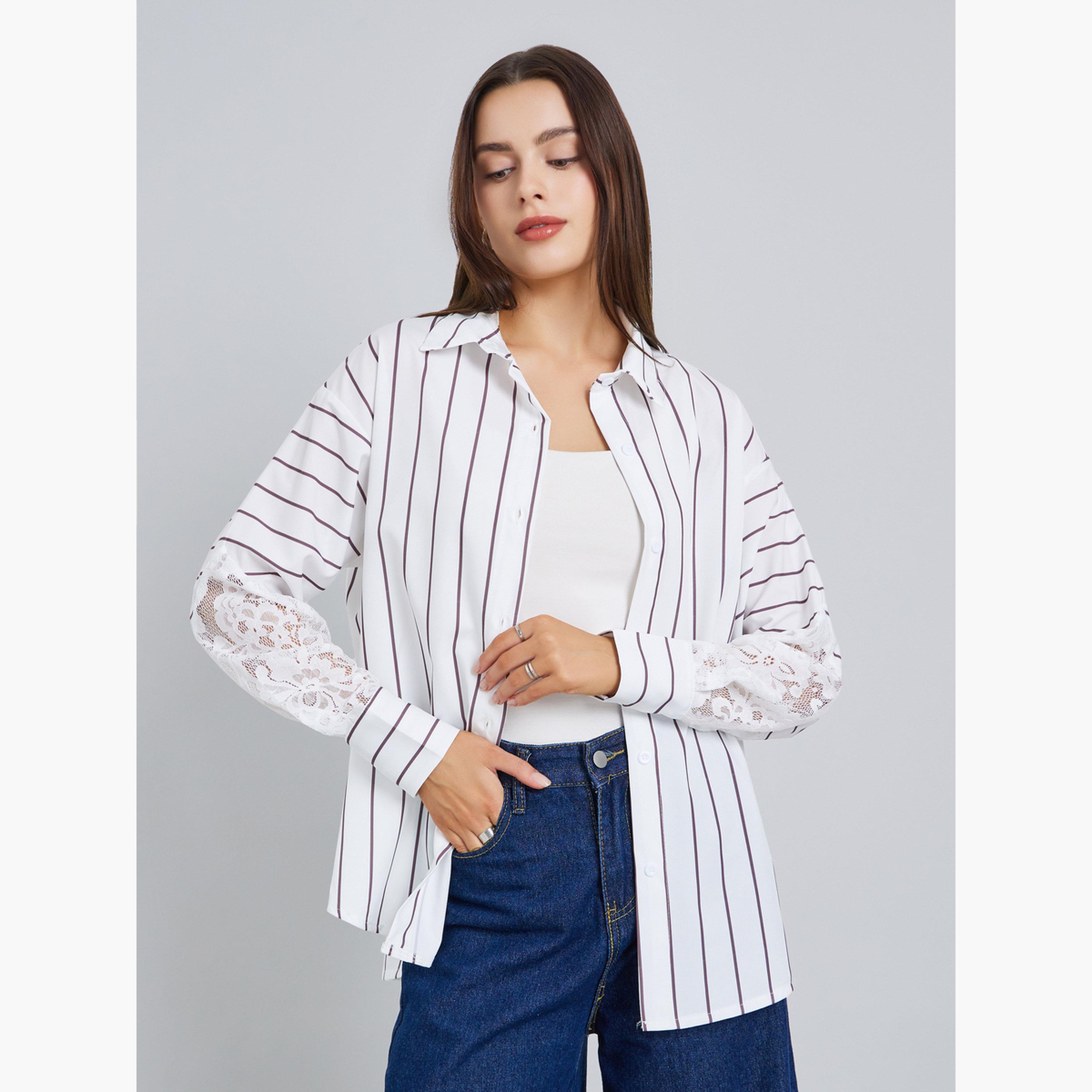 Styli Women White Striped Oversized Shirt with Lace Sleeves-women-clothing-shirtsandblouses-shirts-image-3