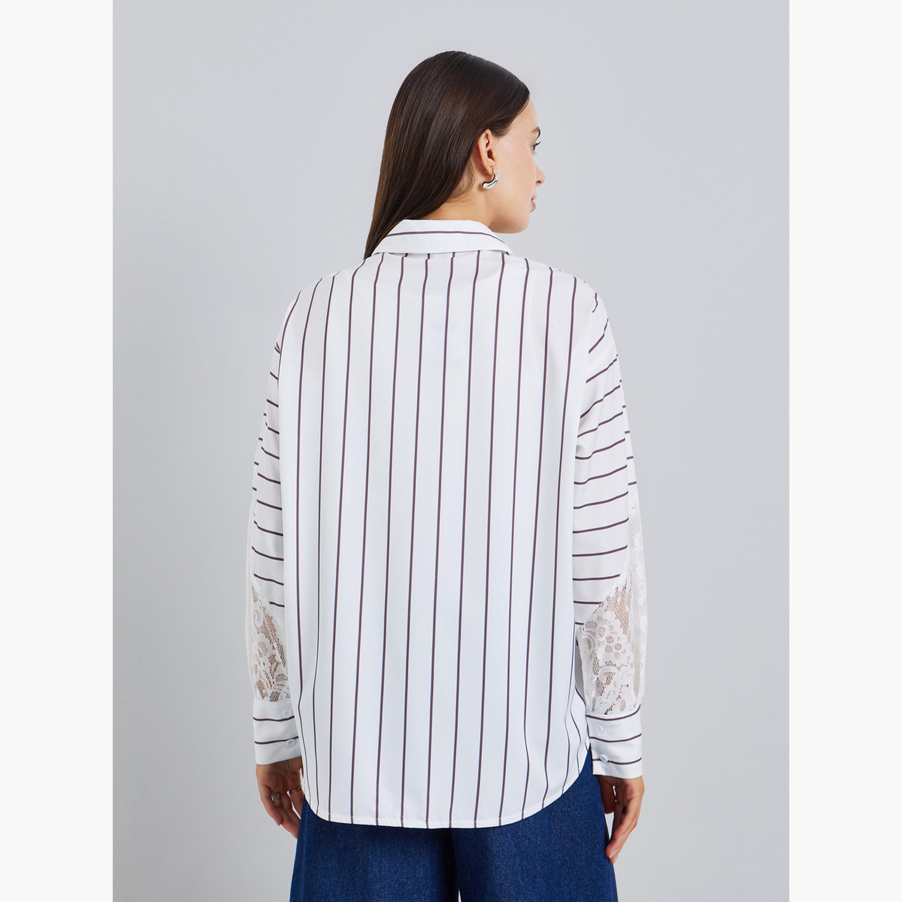 Styli Women White Striped Oversized Shirt with Lace Sleeves-women-clothing-shirtsandblouses-shirts-image-5