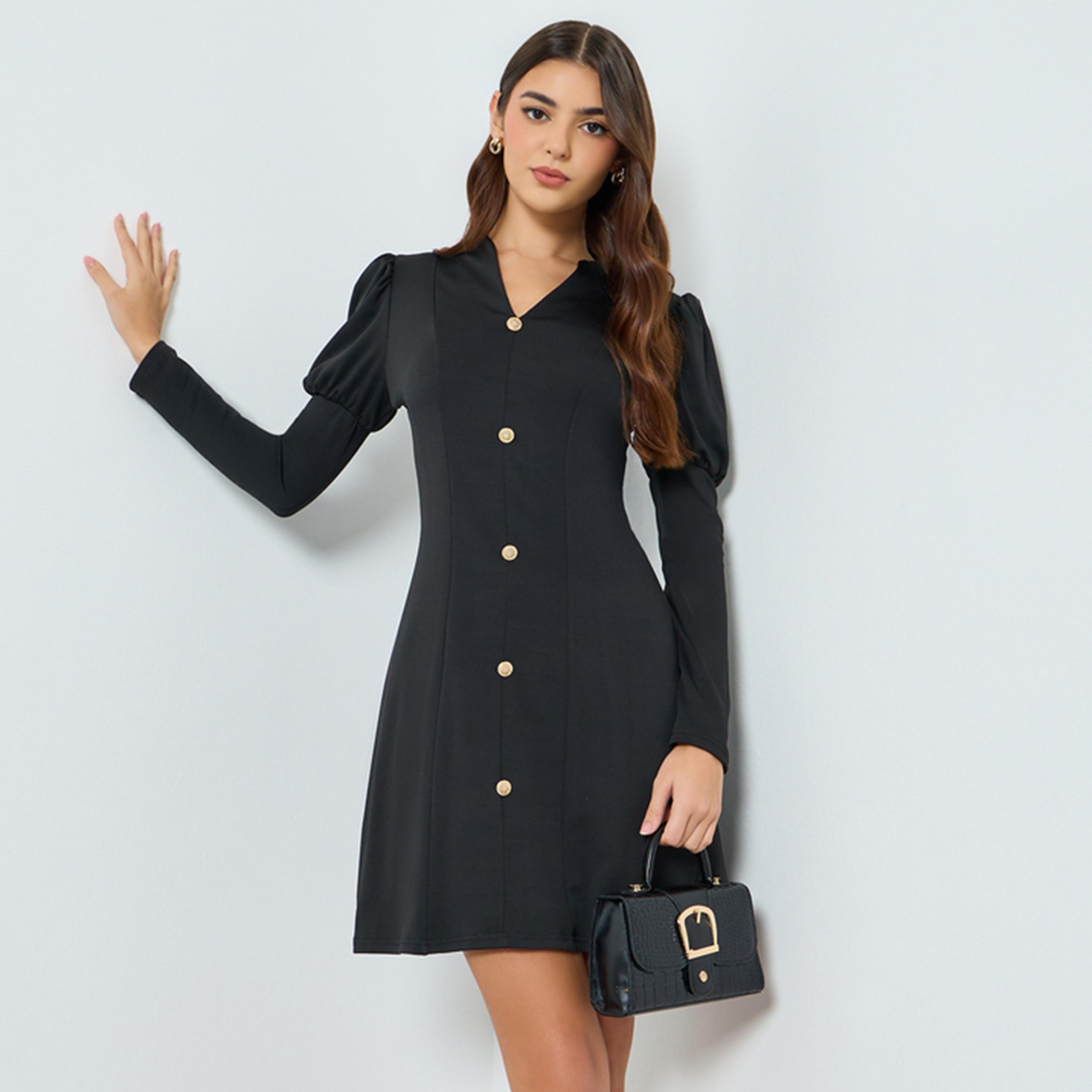 Styli Women Black Buttoned V-Neck Mini Dress-women-clothing-dresses-image-1